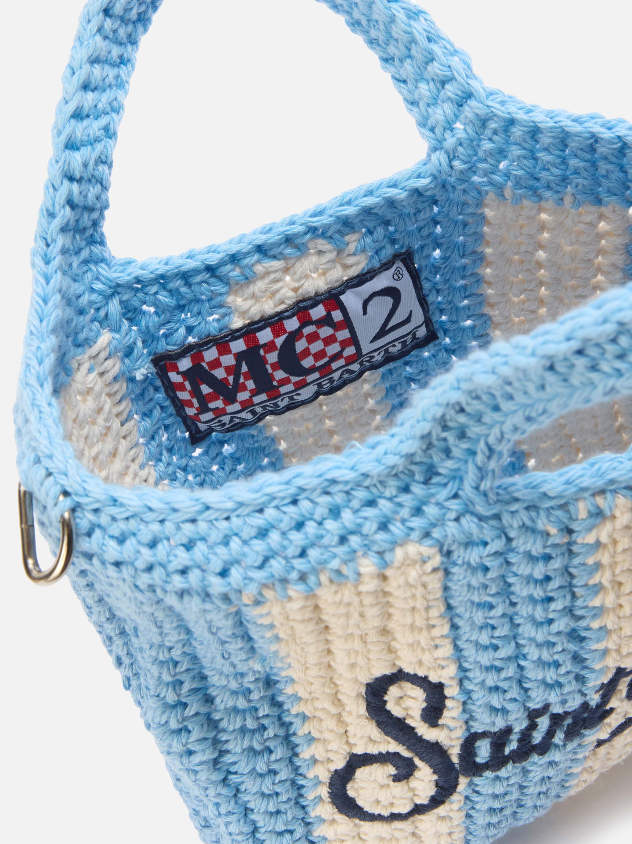 Crochet Mini Bag With Light Blue Striped Pattern And Embroidered Logo