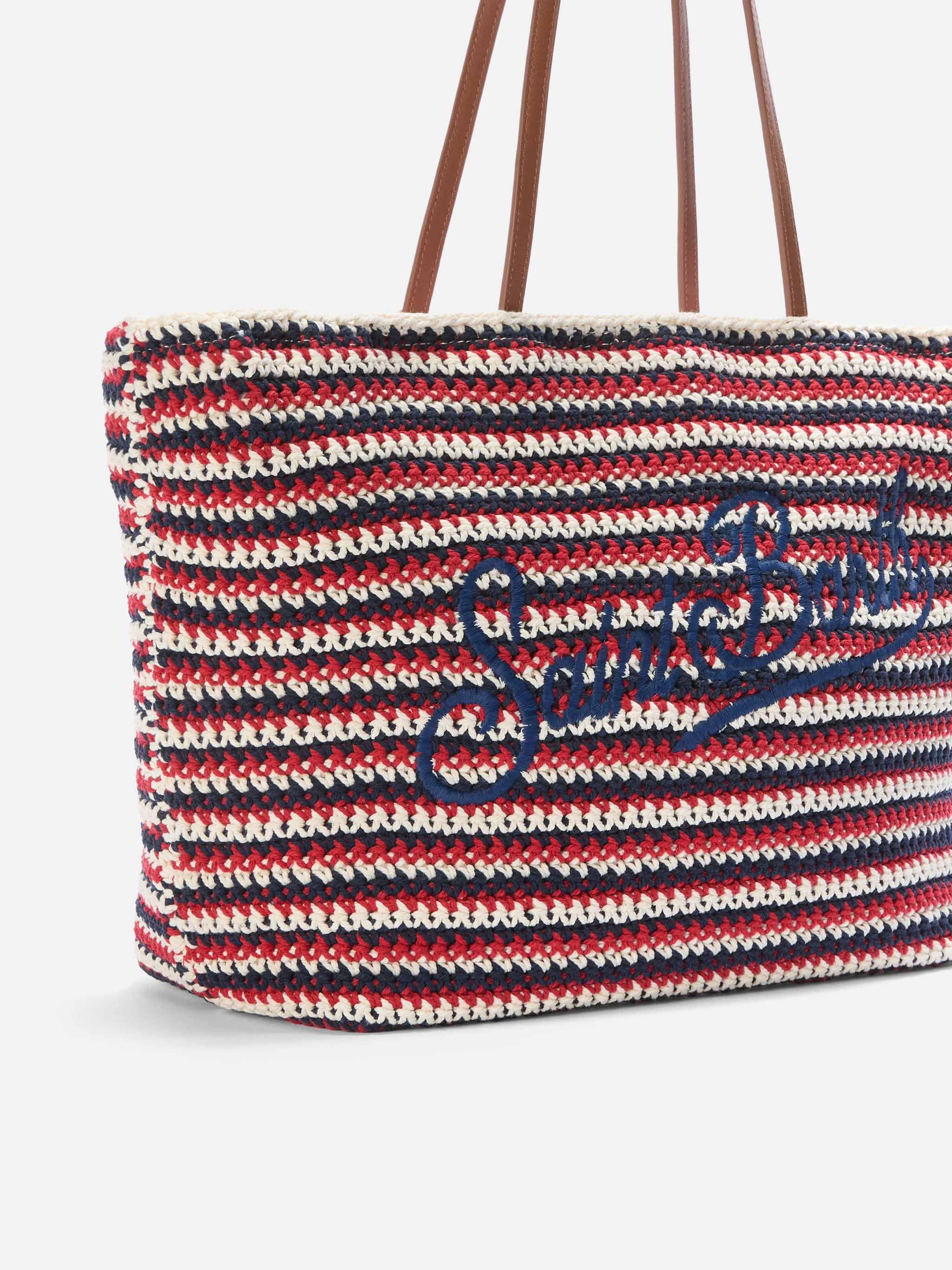 Crochet Tote Bag Blue And Red Stripes With Embroidered Logo