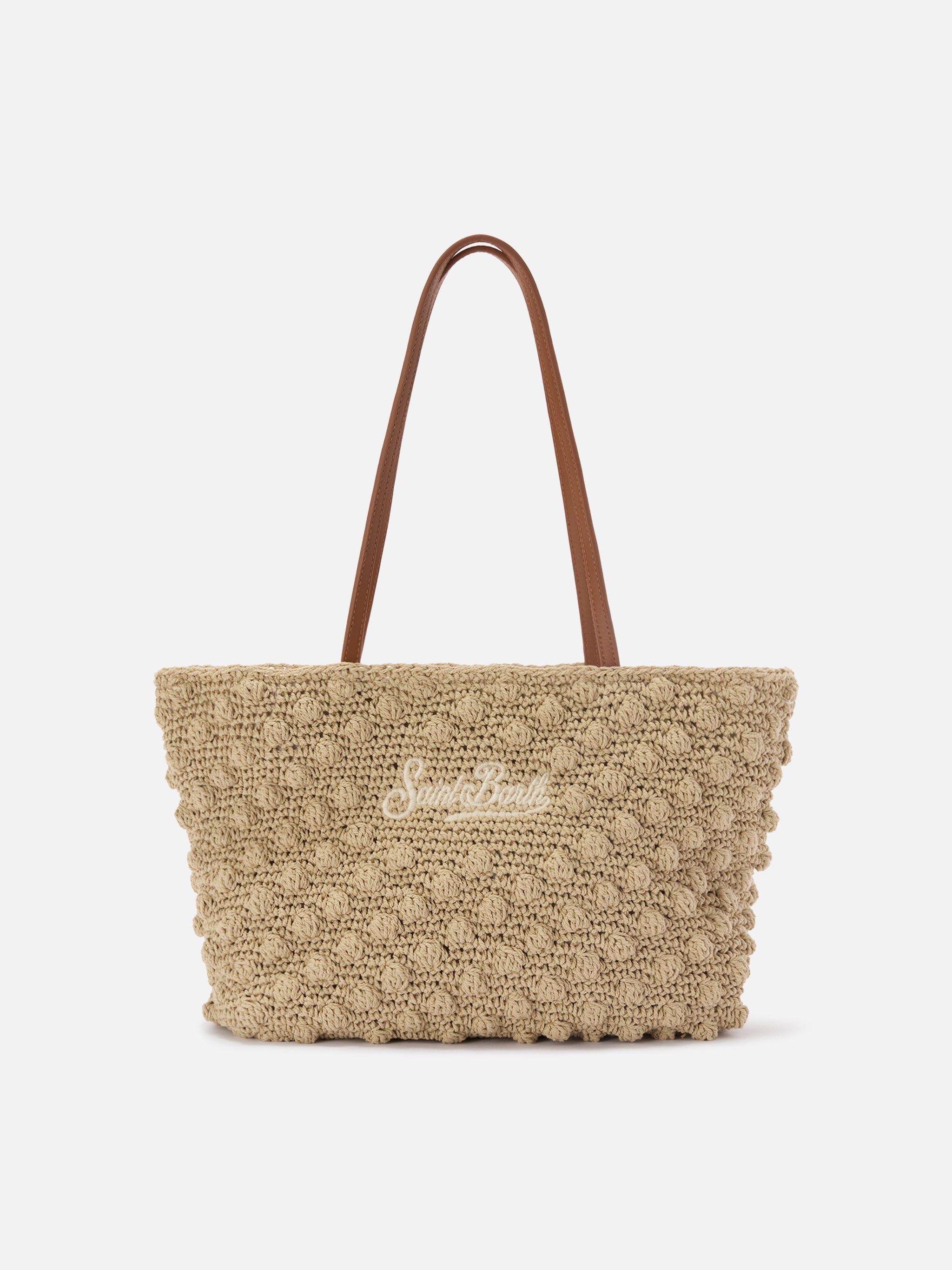 Crochet Tote Medium Bag With Embroidered Logo White