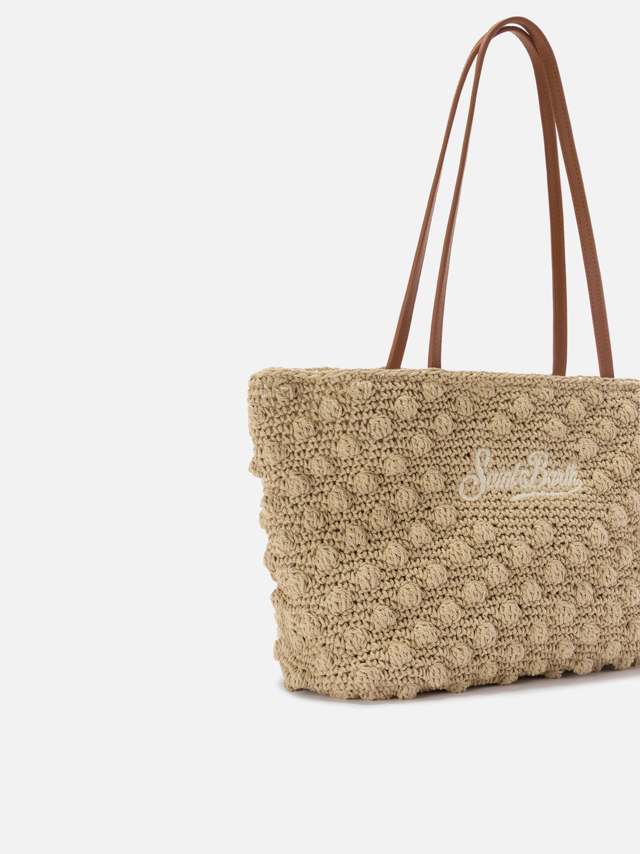 Crochet Tote Medium Bag With Embroidered Logo White