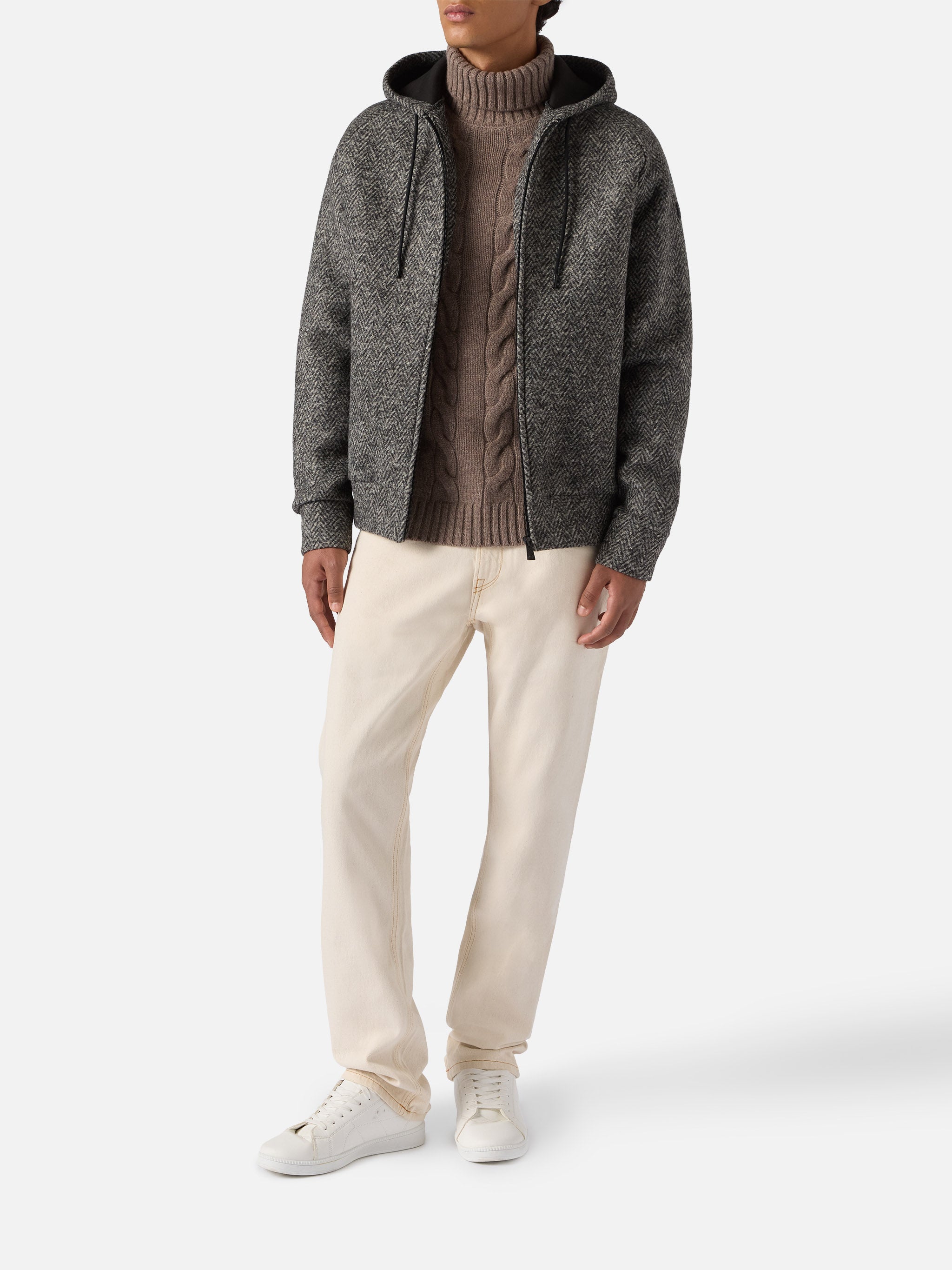 Carrell Wool Herringbone Jacket With Zip And Hood Grey Sweatshirt