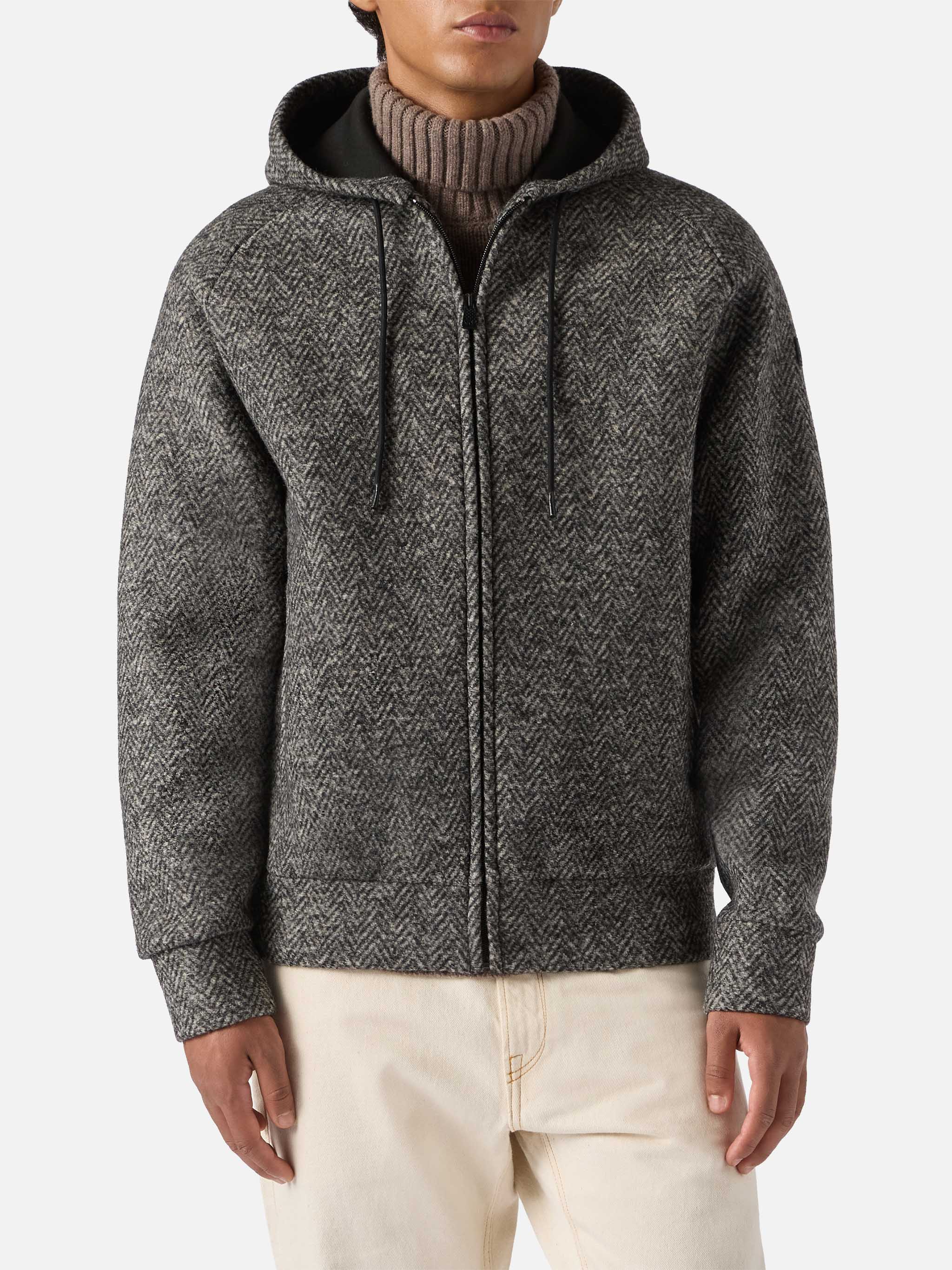 Carrell Wool Herringbone Jacket With Zip And Hood Grey Sweatshirt