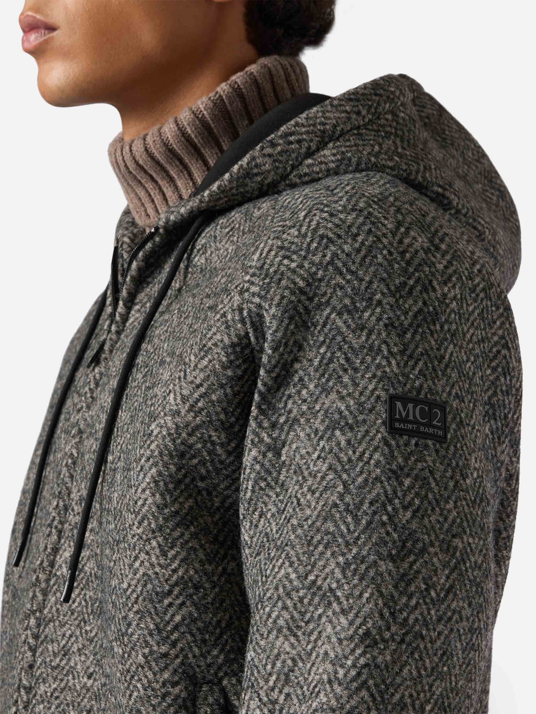 Carrell Wool Herringbone Jacket With Zip And Hood Grey Sweatshirt