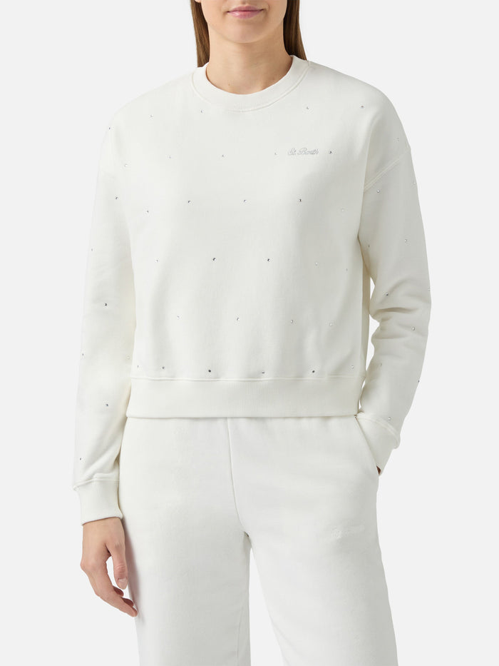 Casey White Cotton Sweatshirt With Rhinestone Appliquè