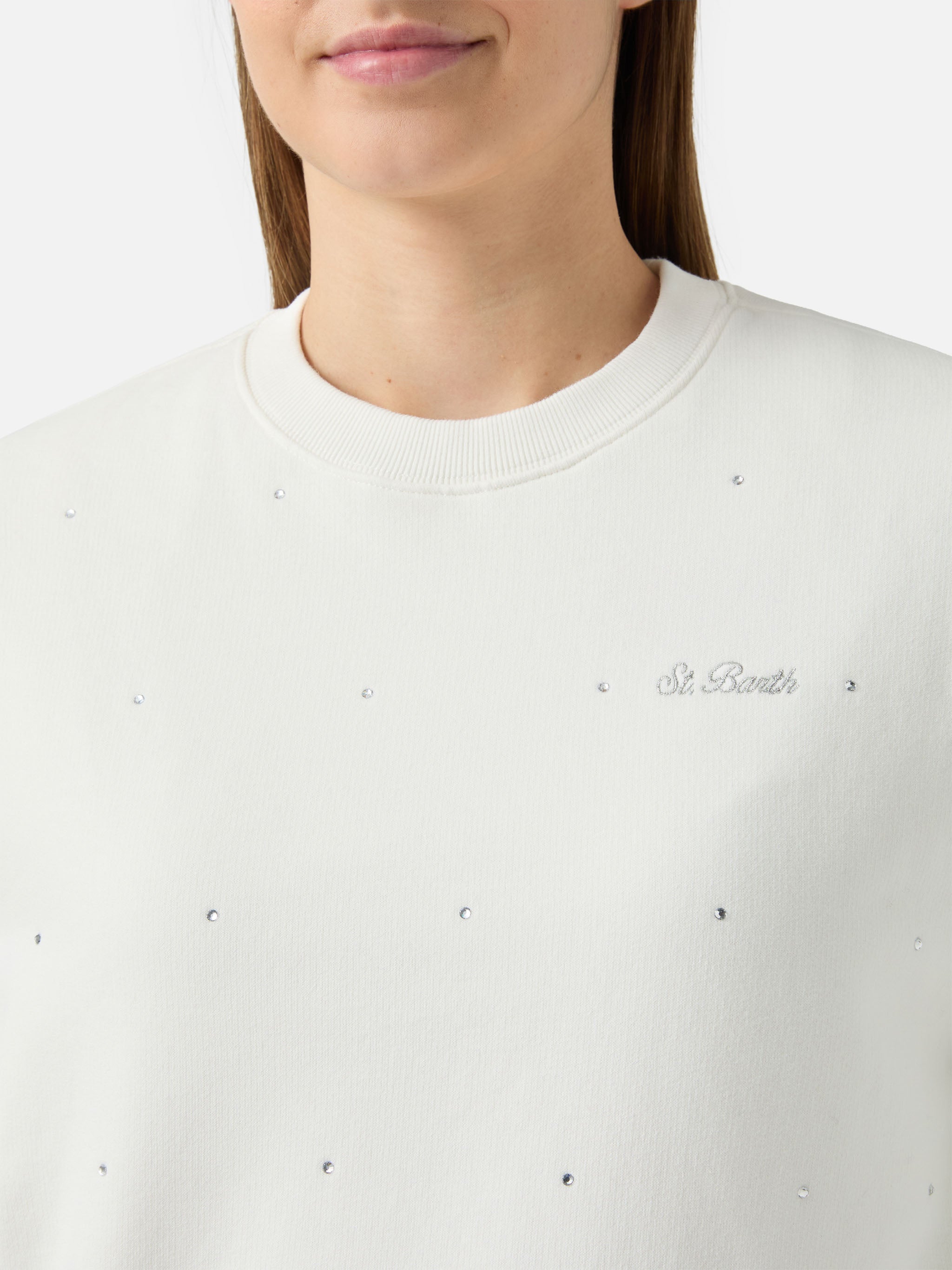 Casey White Cotton Sweatshirt With Rhinestone Appliquè
