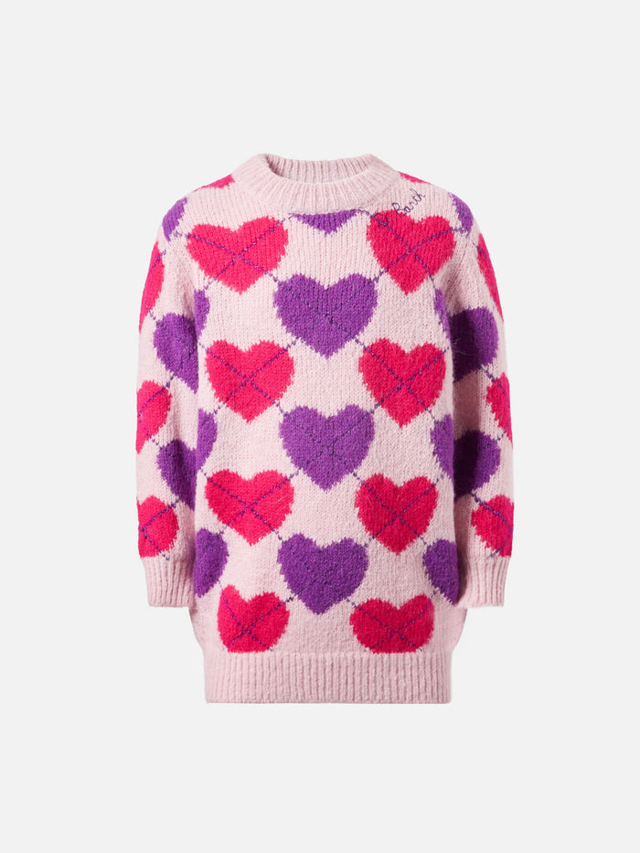 Half-Turtleneck Knitted Dress Cutie Soft With Argyle Jacquard Pink