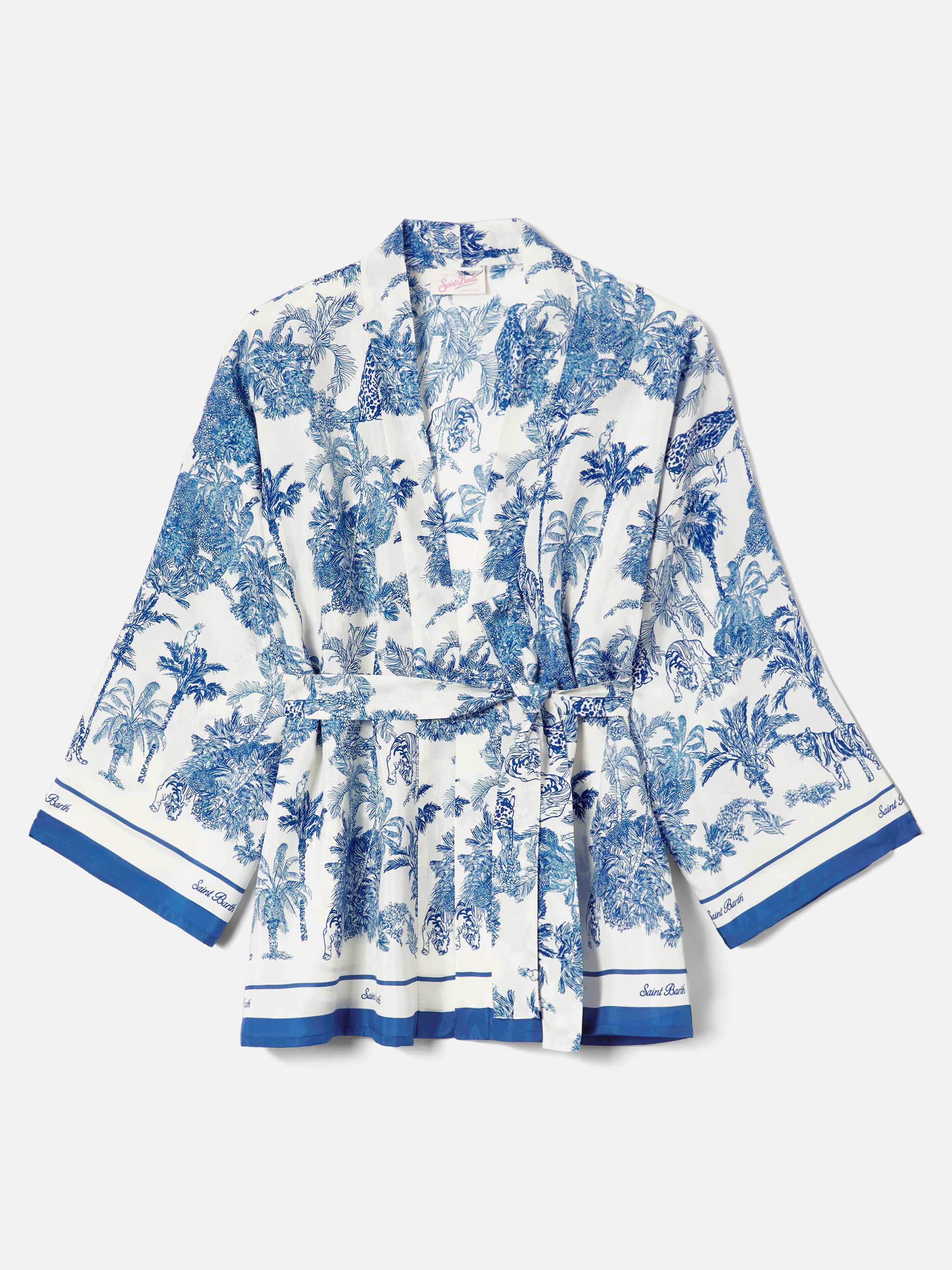 Short Carly Kimono Silk With Toile De Jouy Print White Beach Robe