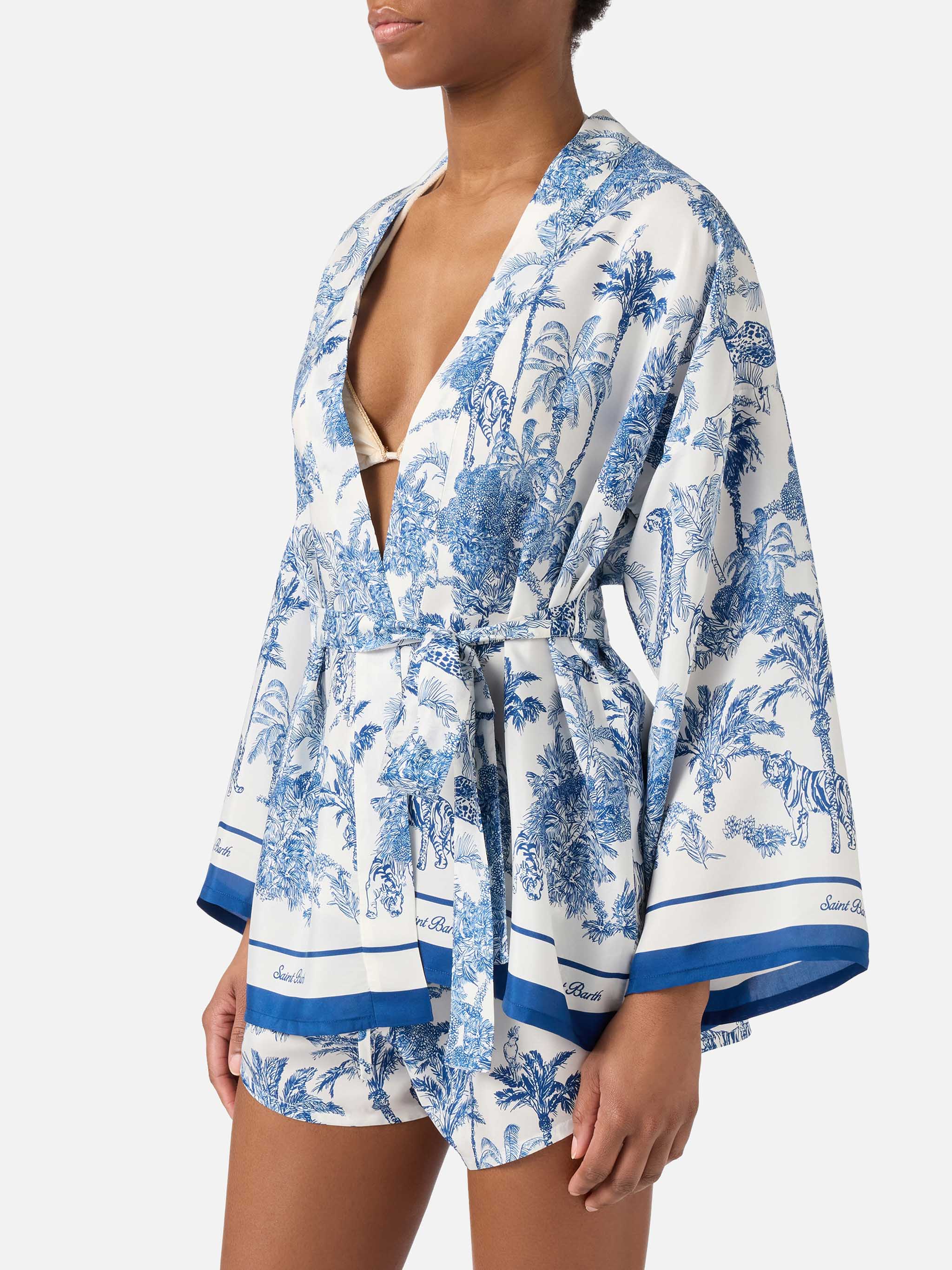 Short Carly Kimono Silk With Toile De Jouy Print White Beach Robe