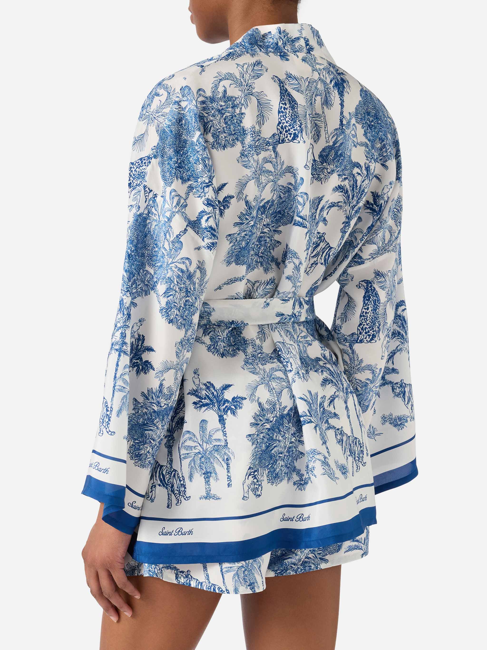 Short Carly Kimono Silk With Toile De Jouy Print White Beach Robe