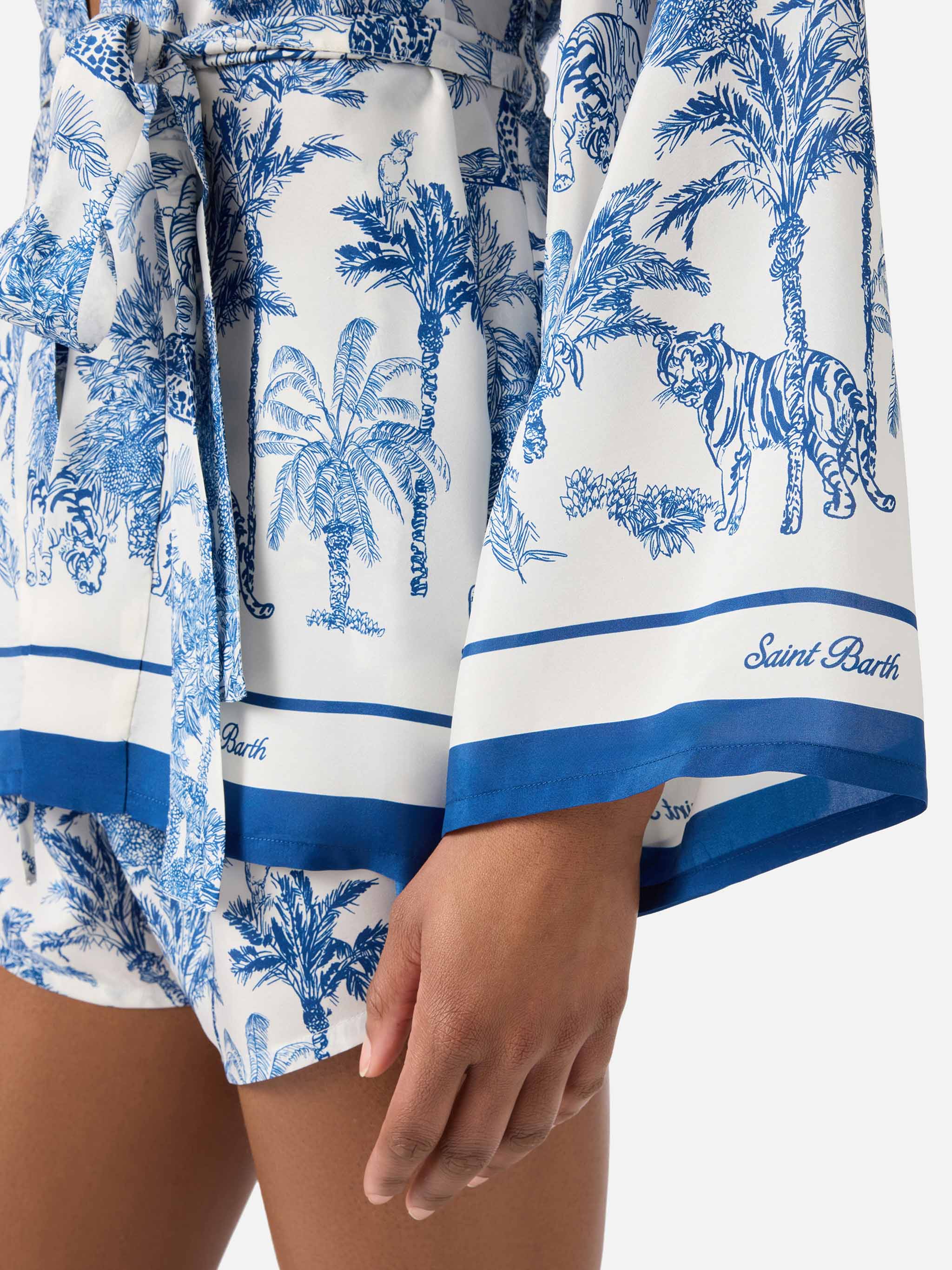 Short Carly Kimono Silk With Toile De Jouy Print White Beach Robe