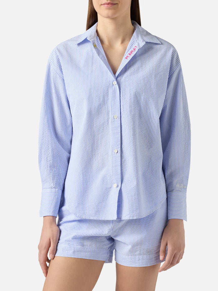 Light Blue Striped Seersucker Cristal Shirt With Embroidery