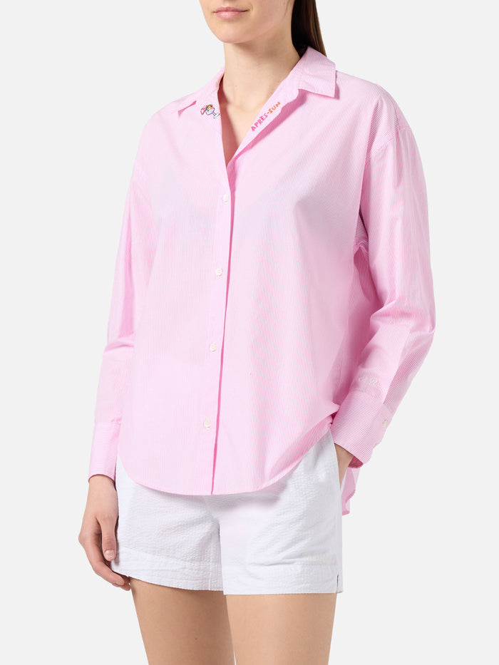Pink Striped Cotton Poplin Cristal Shirt With Embroidery