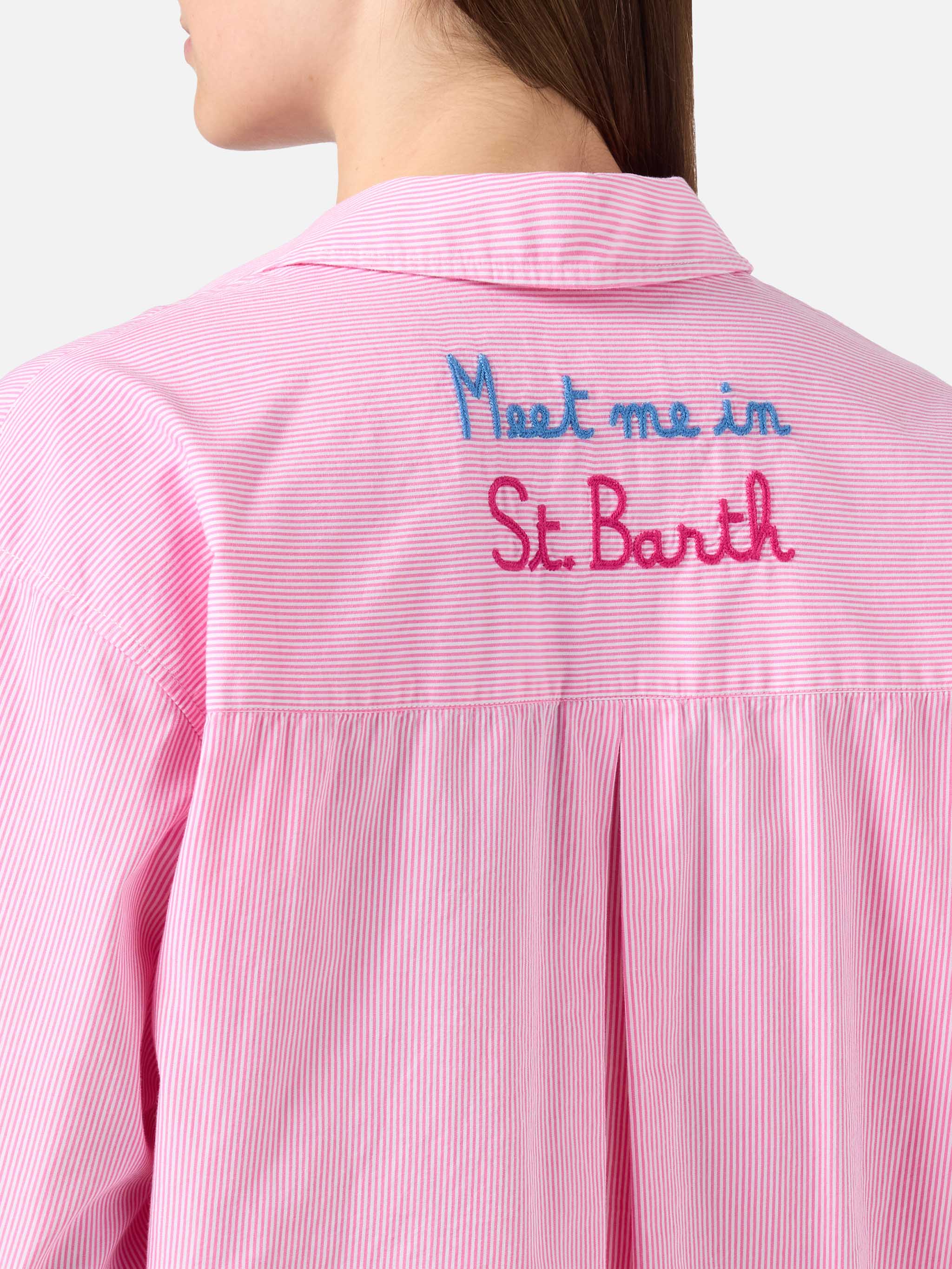 Pink Striped Cristal Shirt With Meet Me Saint Barth Embroidery
