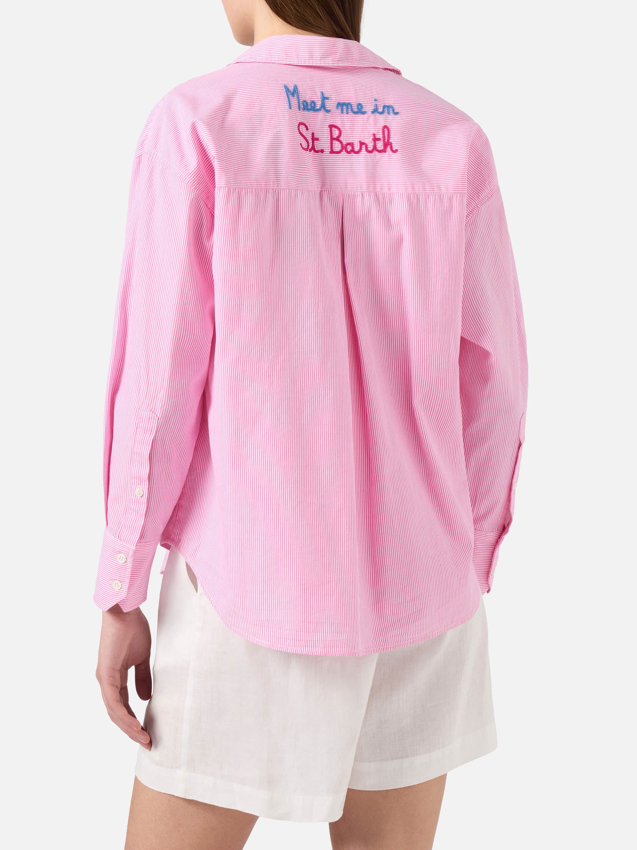 Pink Striped Cristal Shirt With Meet Me Saint Barth Embroidery
