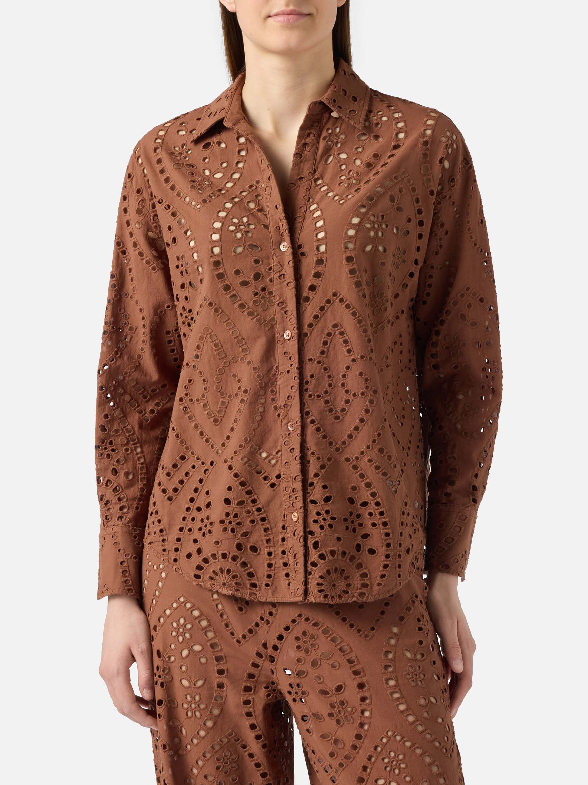 Brown Broderie Anglaise Cotton Cristal Shirt Camel