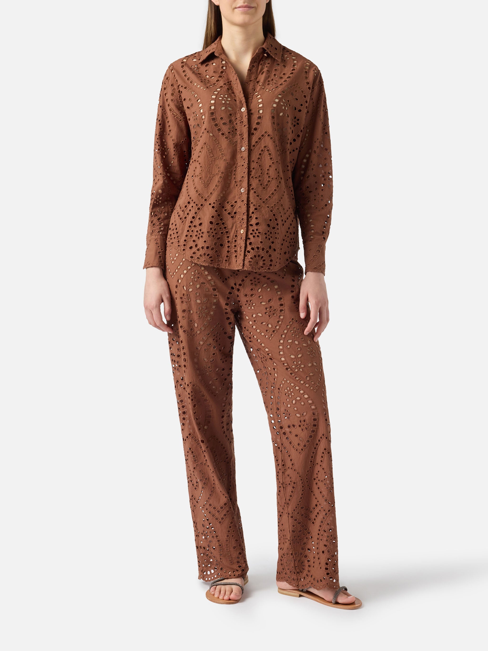 Brown Broderie Anglaise Cotton Cristal Shirt Camel