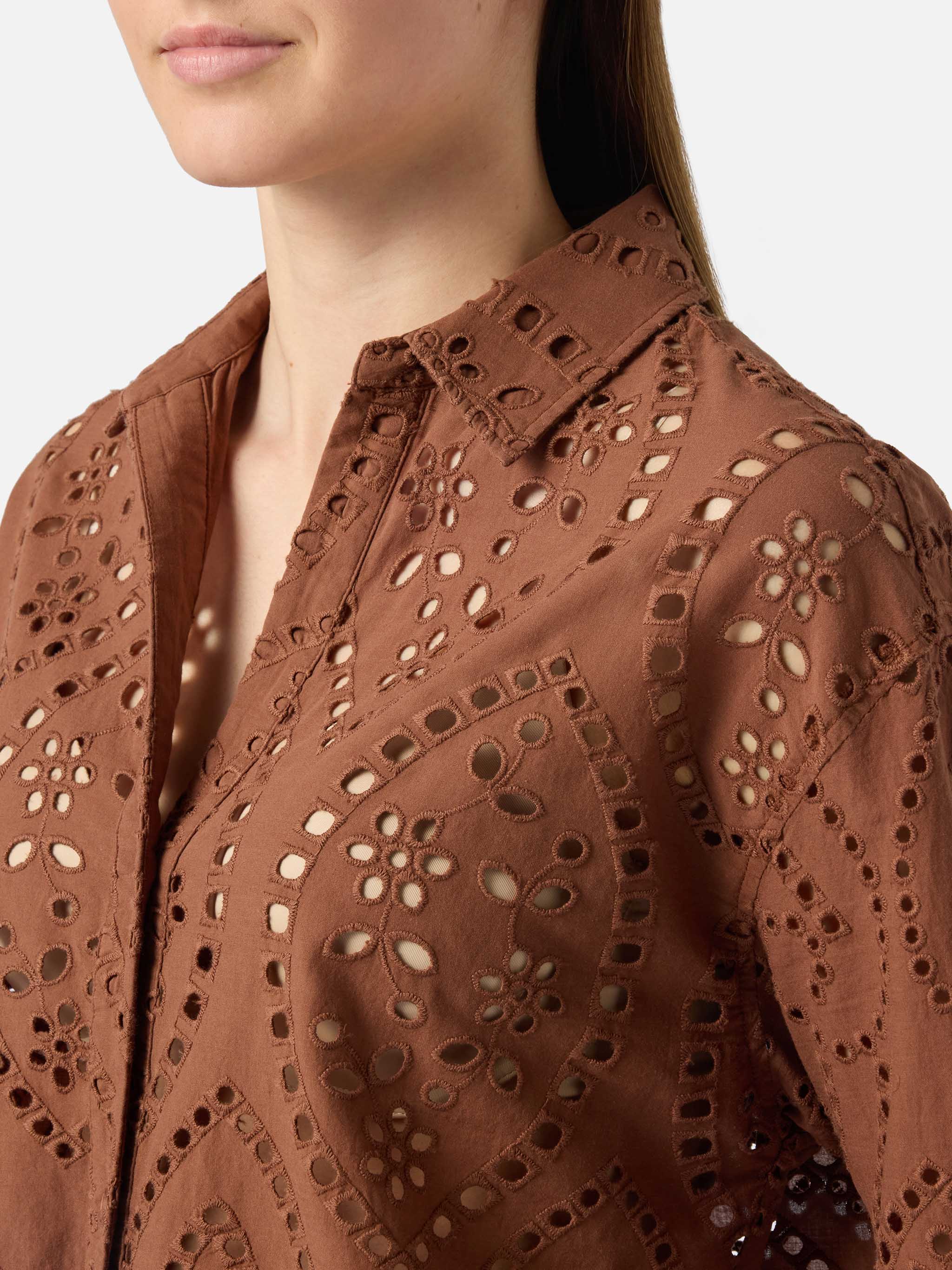 Brown Broderie Anglaise Cotton Cristal Shirt Camel