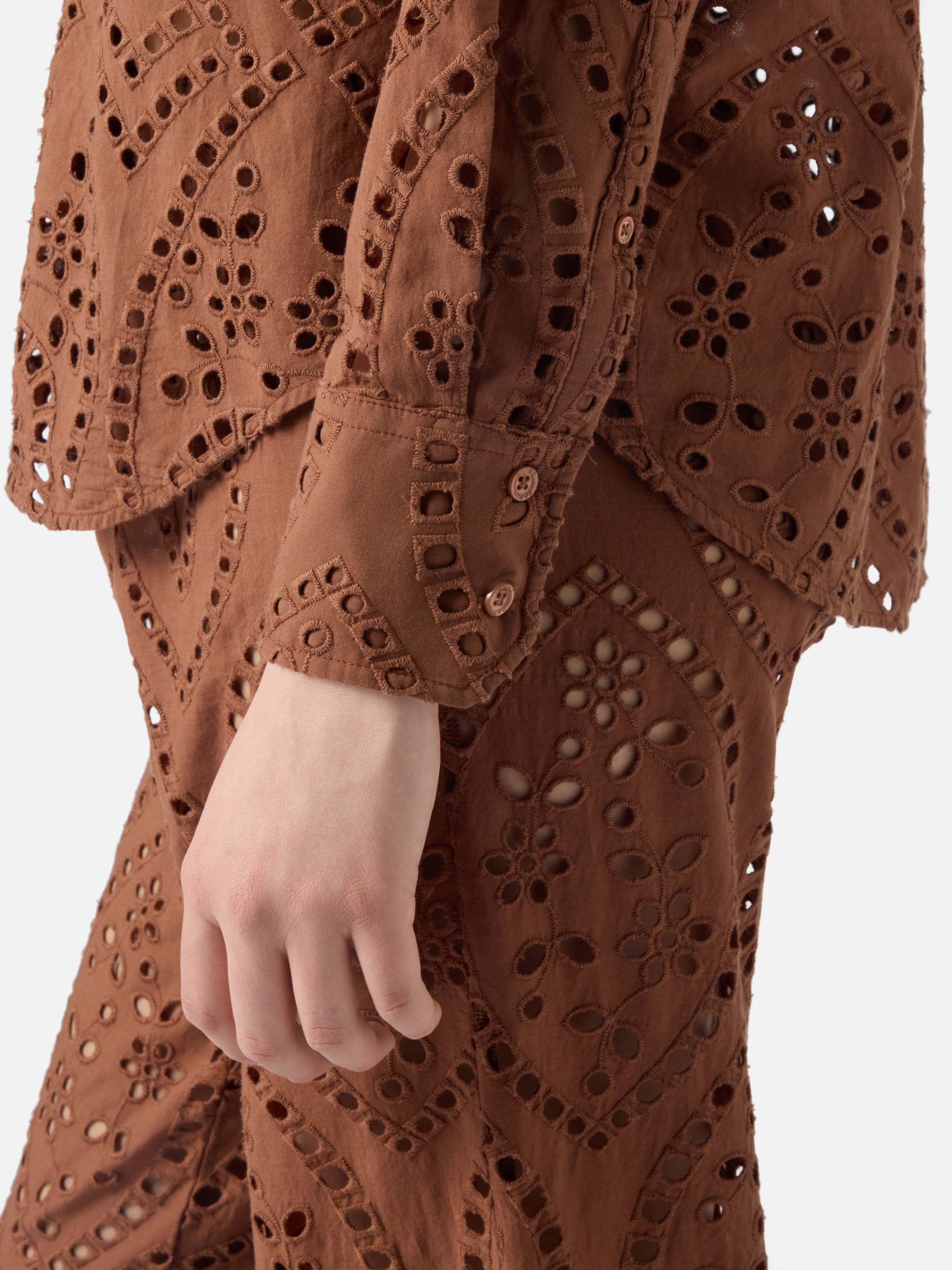 Brown Broderie Anglaise Cotton Cristal Shirt Camel