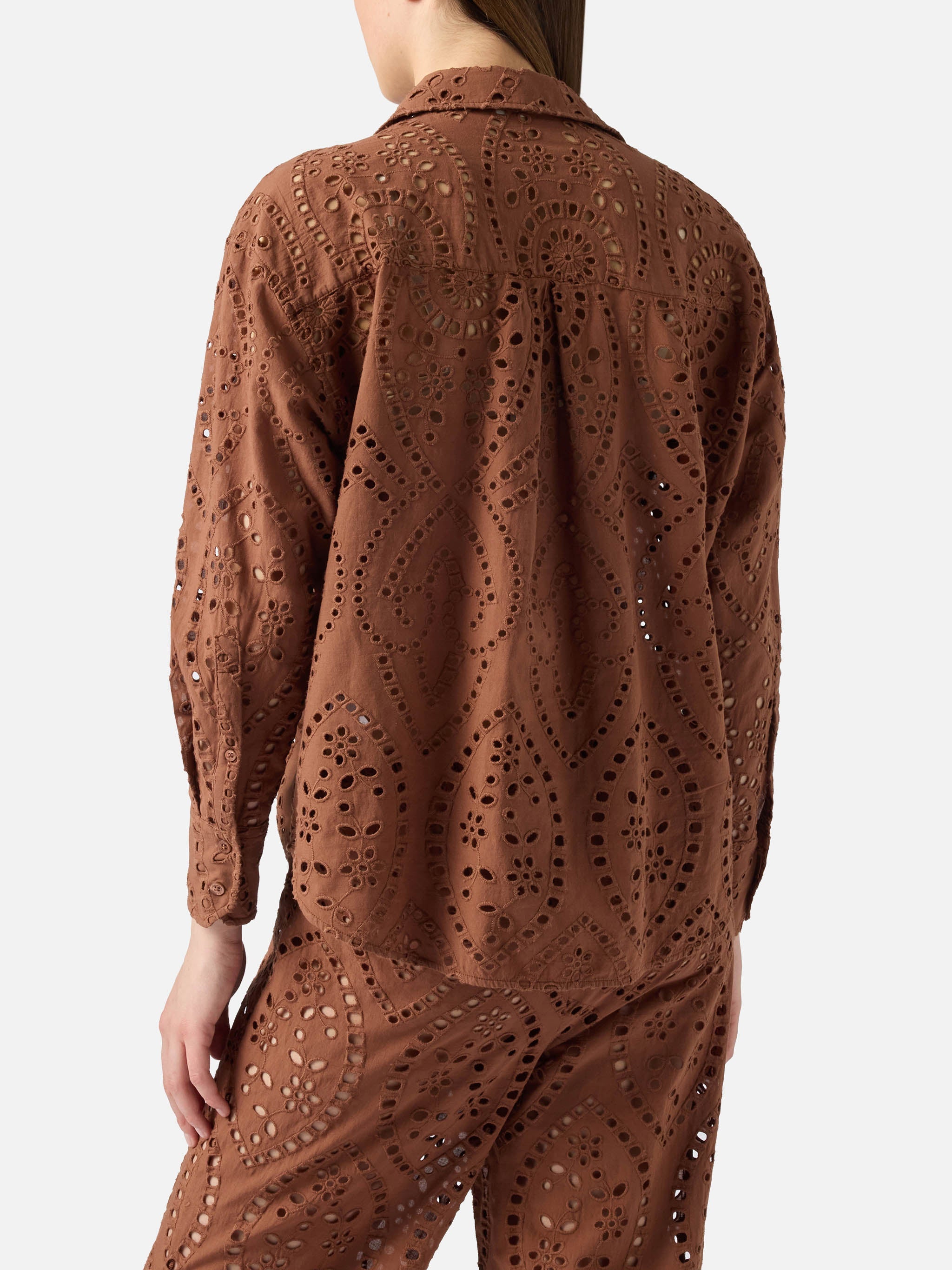 Brown Broderie Anglaise Cotton Cristal Shirt Camel