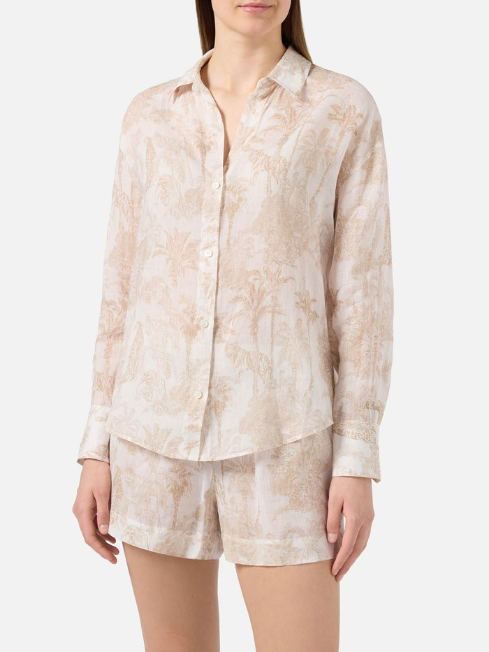 Cristal Ramie Shirt With Beige Toile De Jouy Print Camel