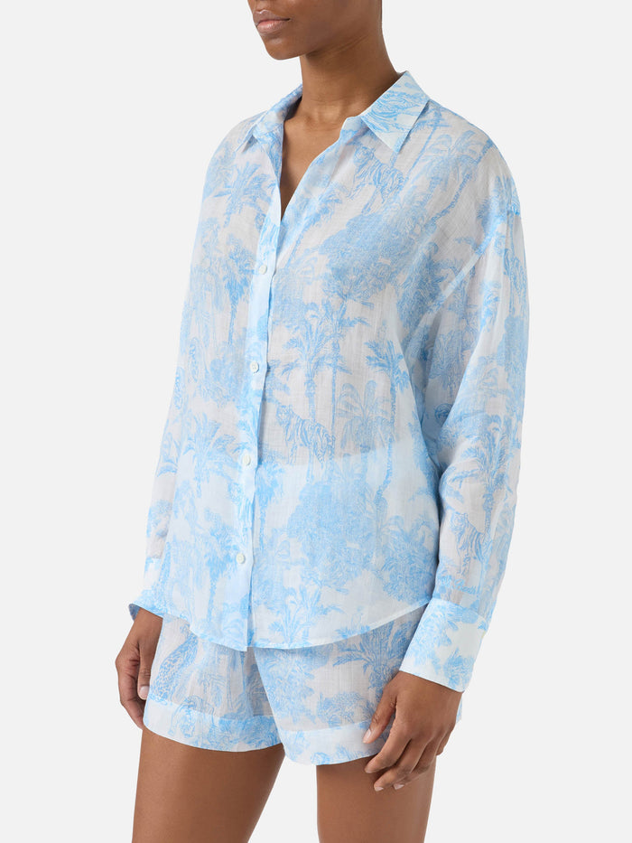 Cristal Ramie Shirt With Light Blue Toile De Jouy Print White