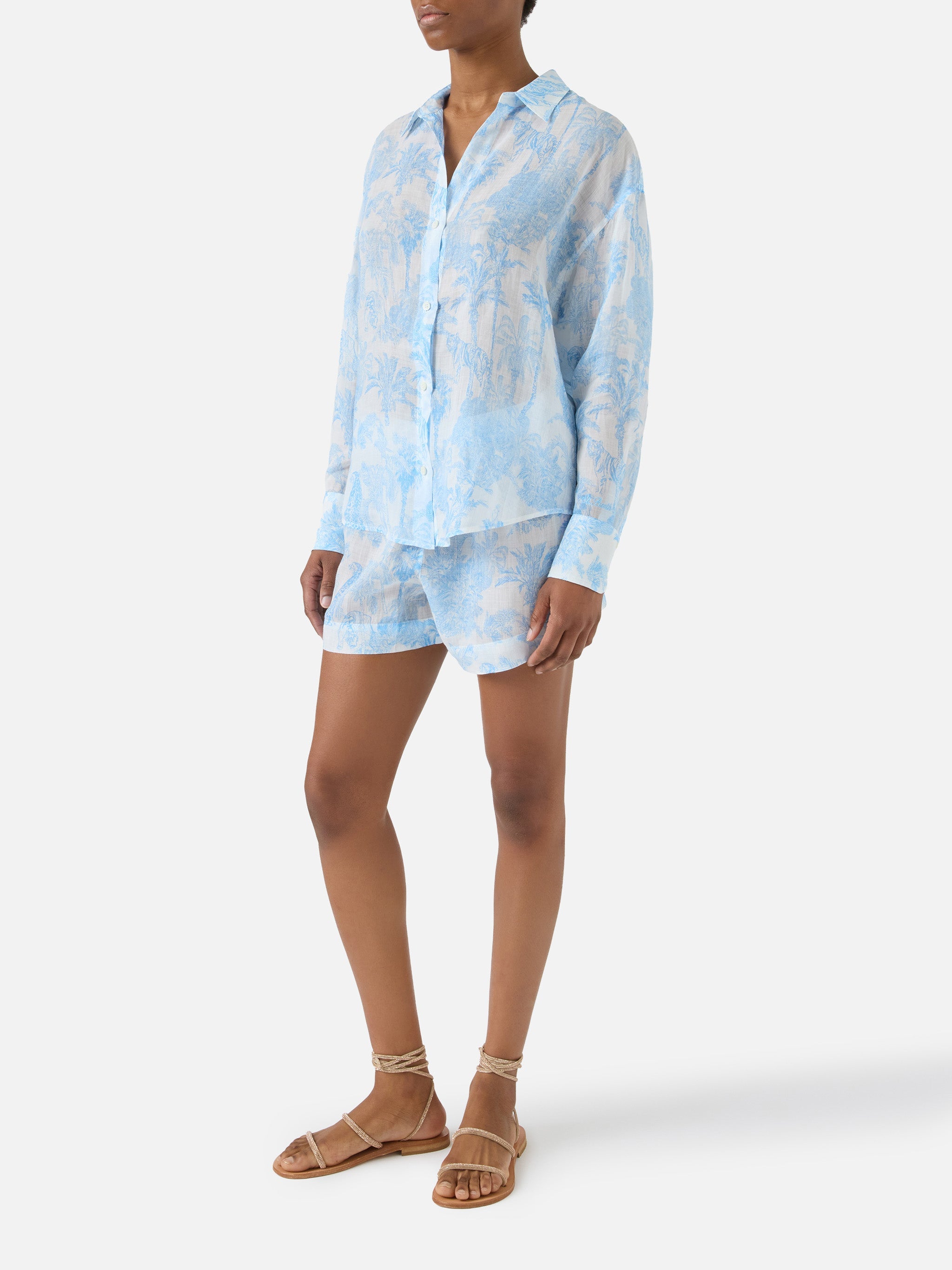 Cristal Ramie Shirt With Light Blue Toile De Jouy Print White