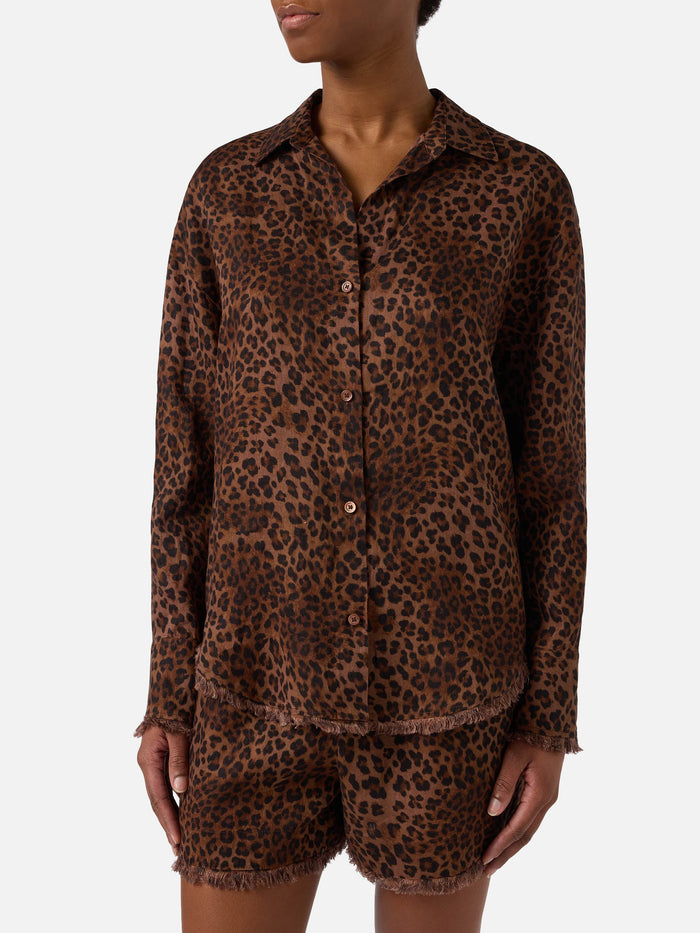 Cristal Linen Shirt With Leopard Print Brown
