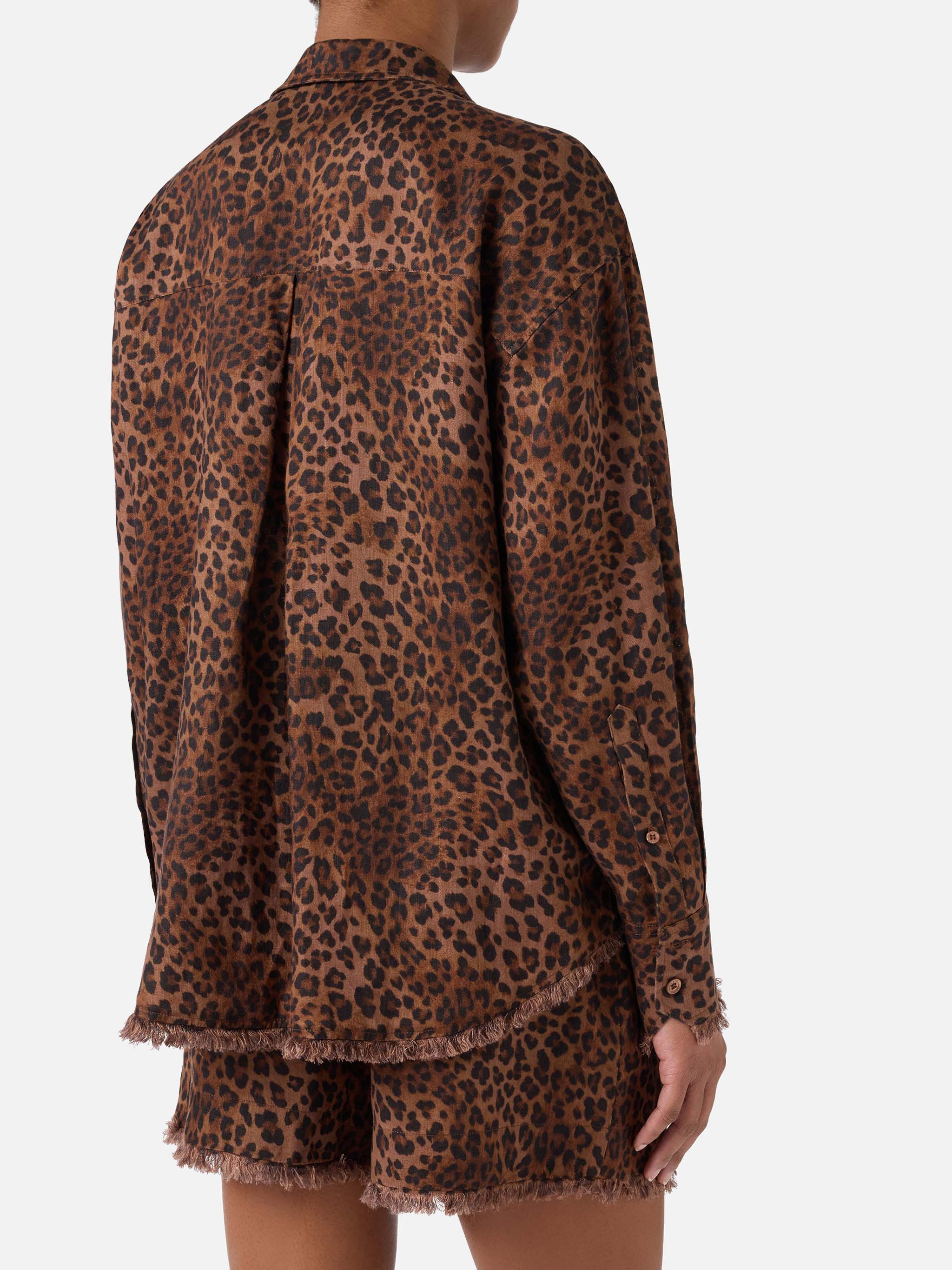 Cristal Linen Shirt With Leopard Print Brown