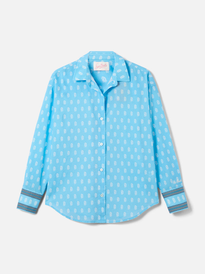 Light Blue Cotton Voile Cristal Shirt With Paisley Print