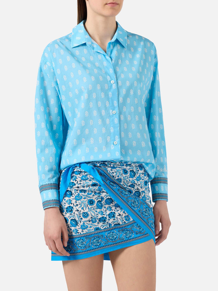 Light Blue Cotton Voile Cristal Shirt With Paisley Print