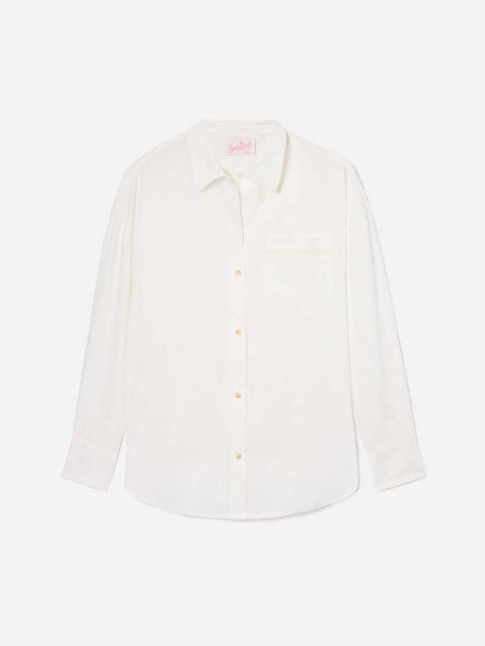 White Linen Cristal Shirt With Perforated Saint Barth Embroidery