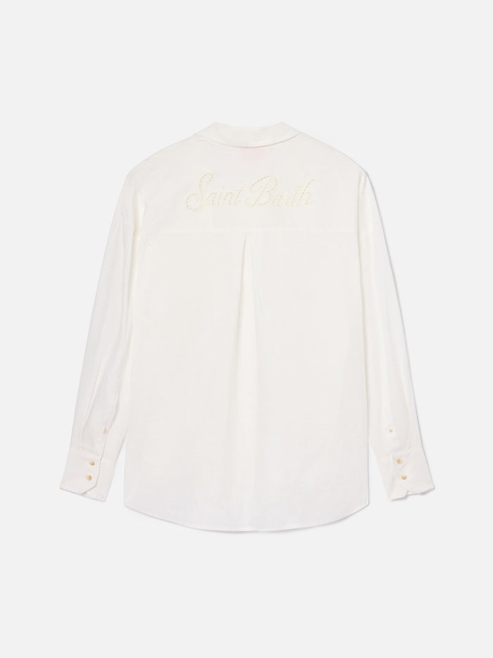 White Linen Cristal Shirt With Perforated Saint Barth Embroidery