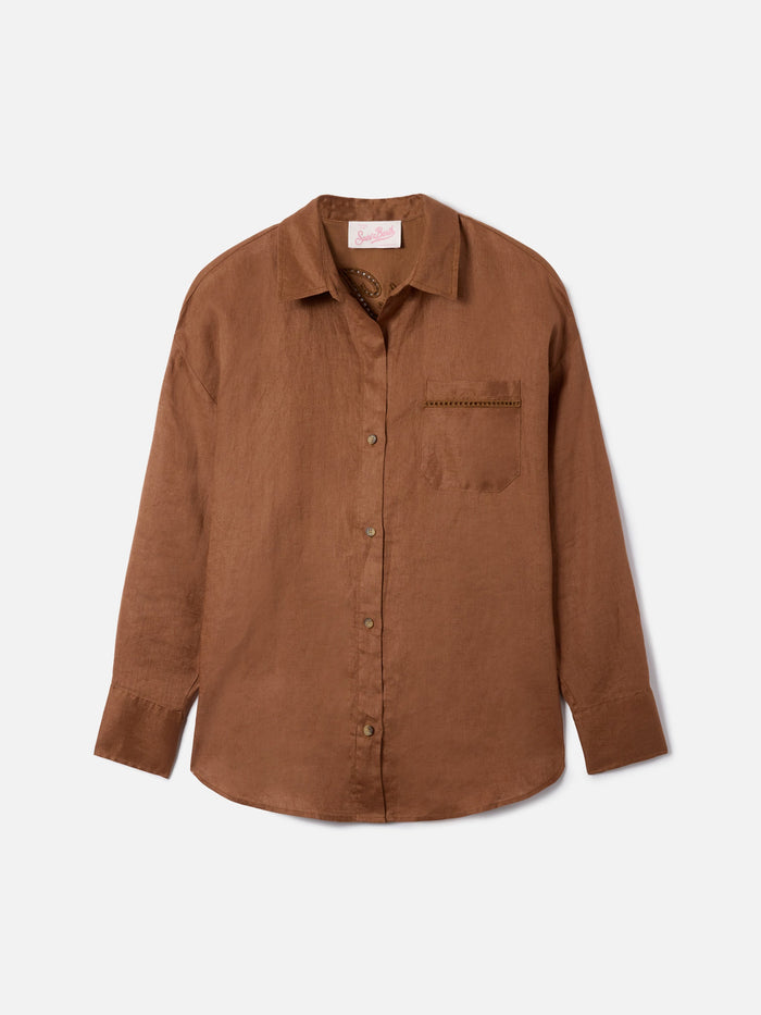 Brown Linen Cristal Shirt With Perforated Saint Barth Embroidery