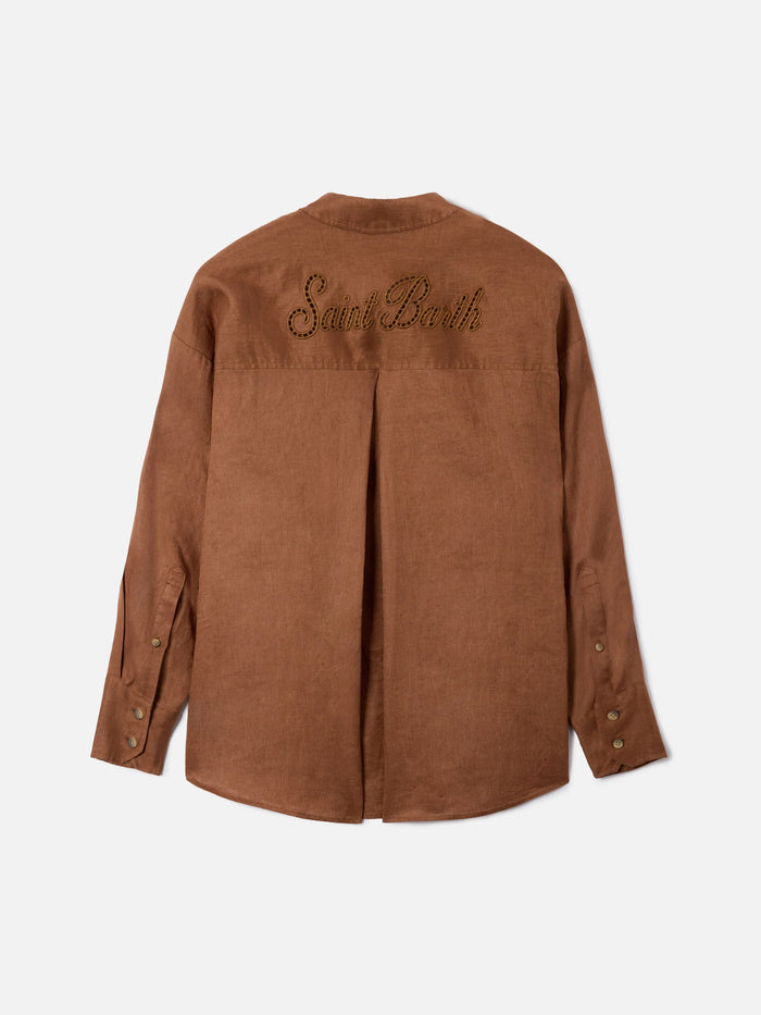 Brown Linen Cristal Shirt With Perforated Saint Barth Embroidery
