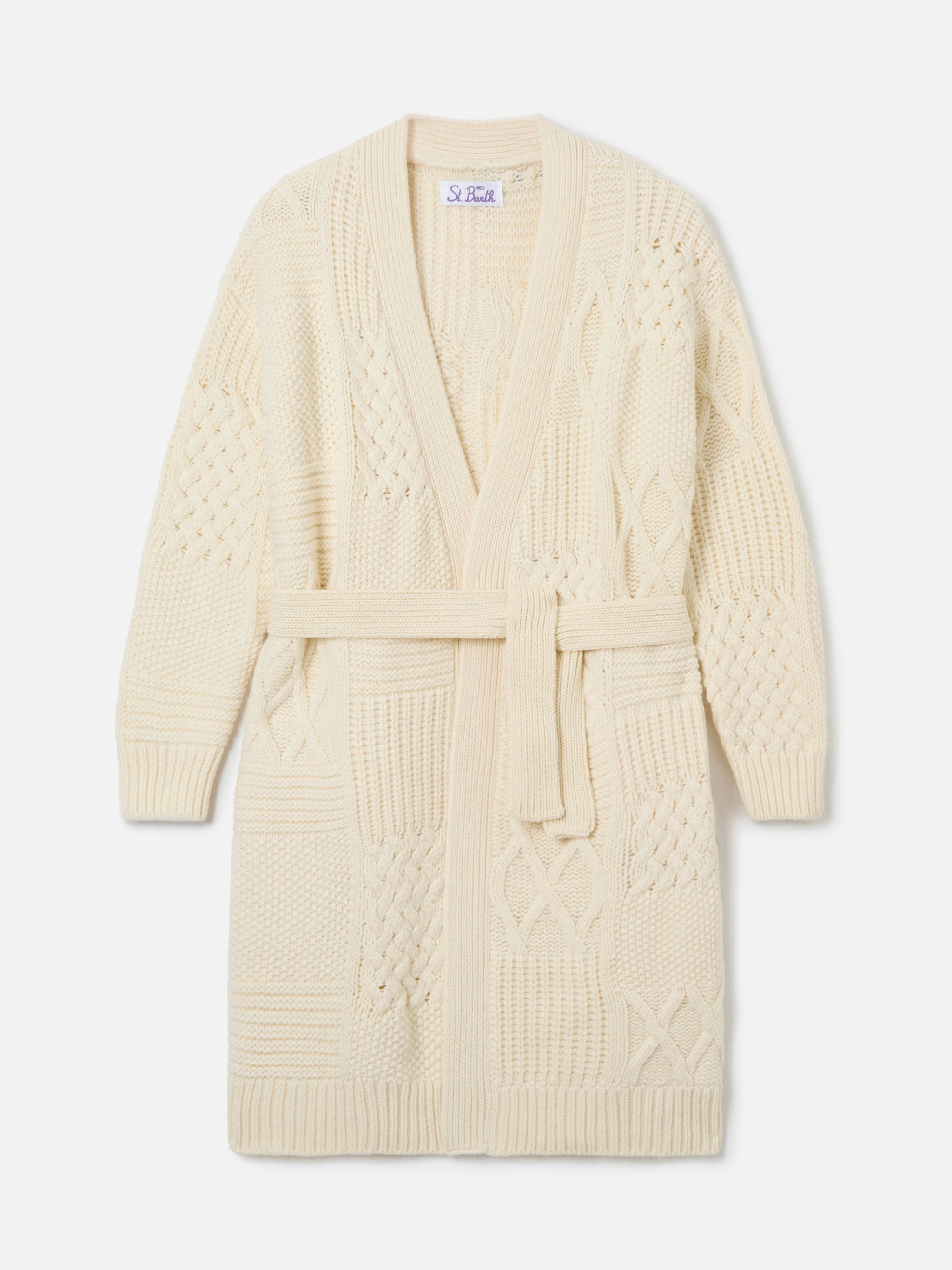 Maxi Cardigan Daba With Embroidery And Belt White
