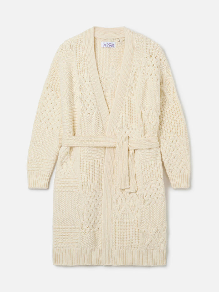 Maxi Cardigan Daba With Embroidery And Belt White