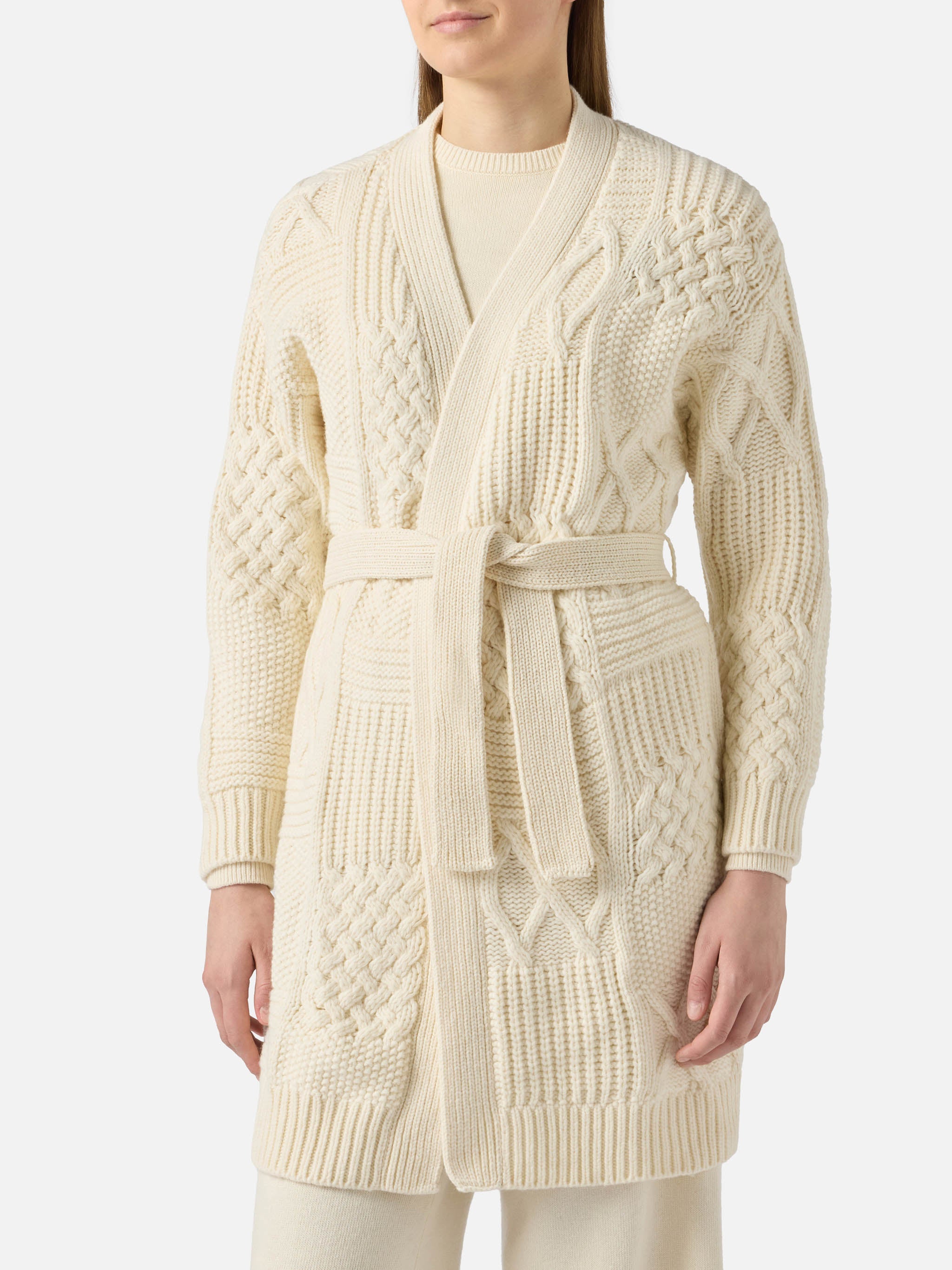 Maxi Cardigan Daba With Embroidery And Belt White