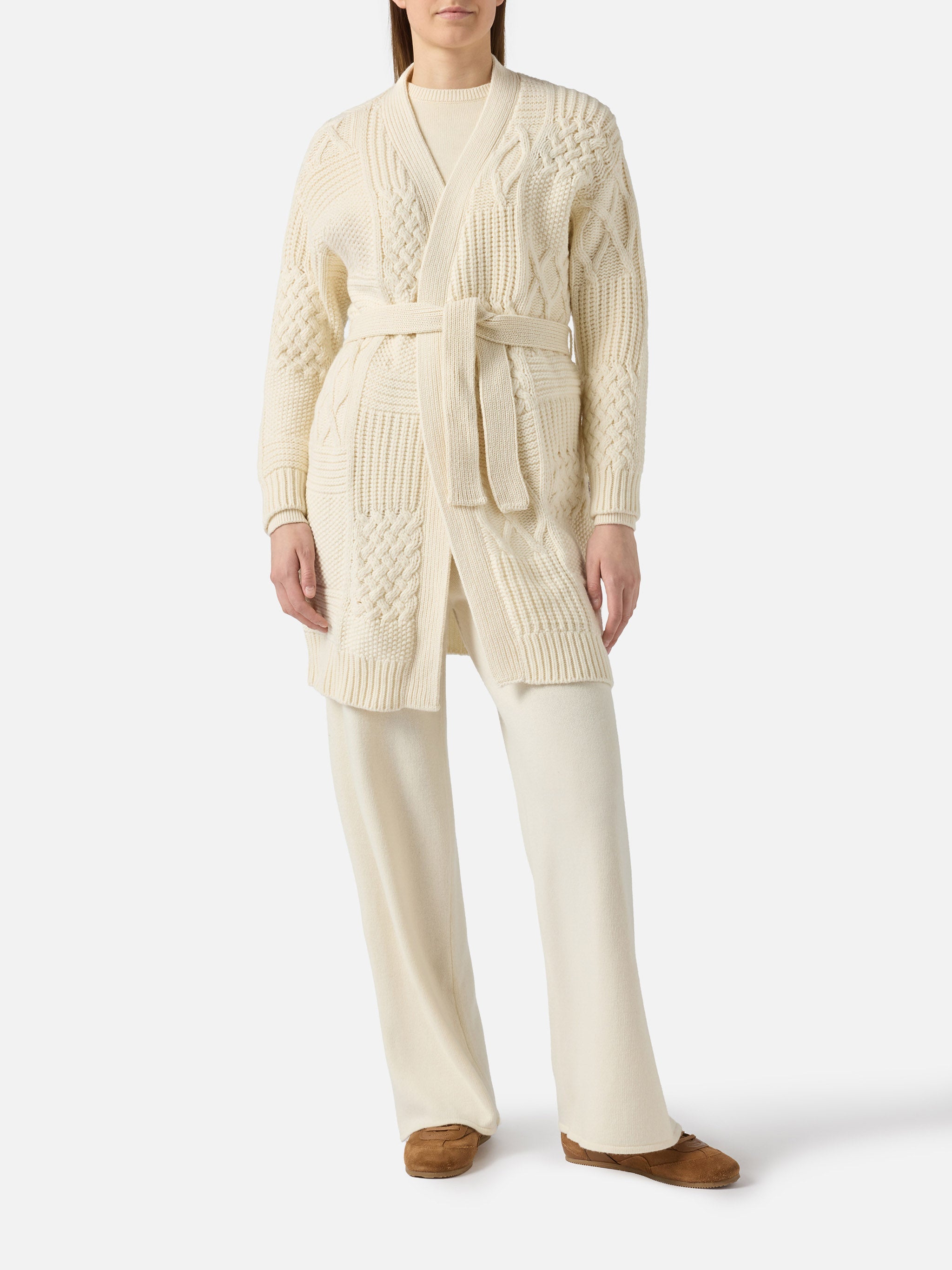 Maxi Cardigan Daba With Embroidery And Belt White