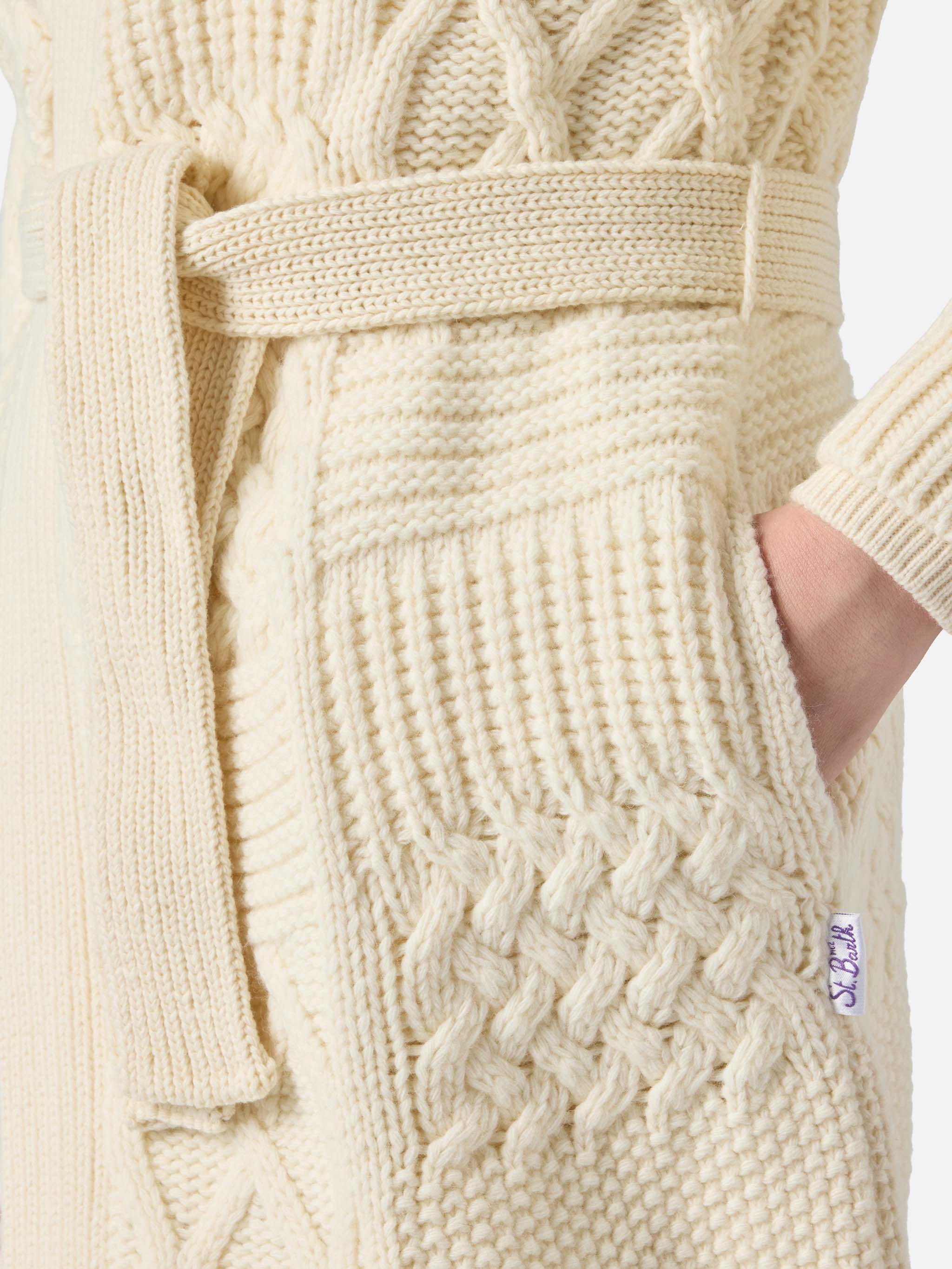 Maxi Cardigan Daba With Embroidery And Belt White
