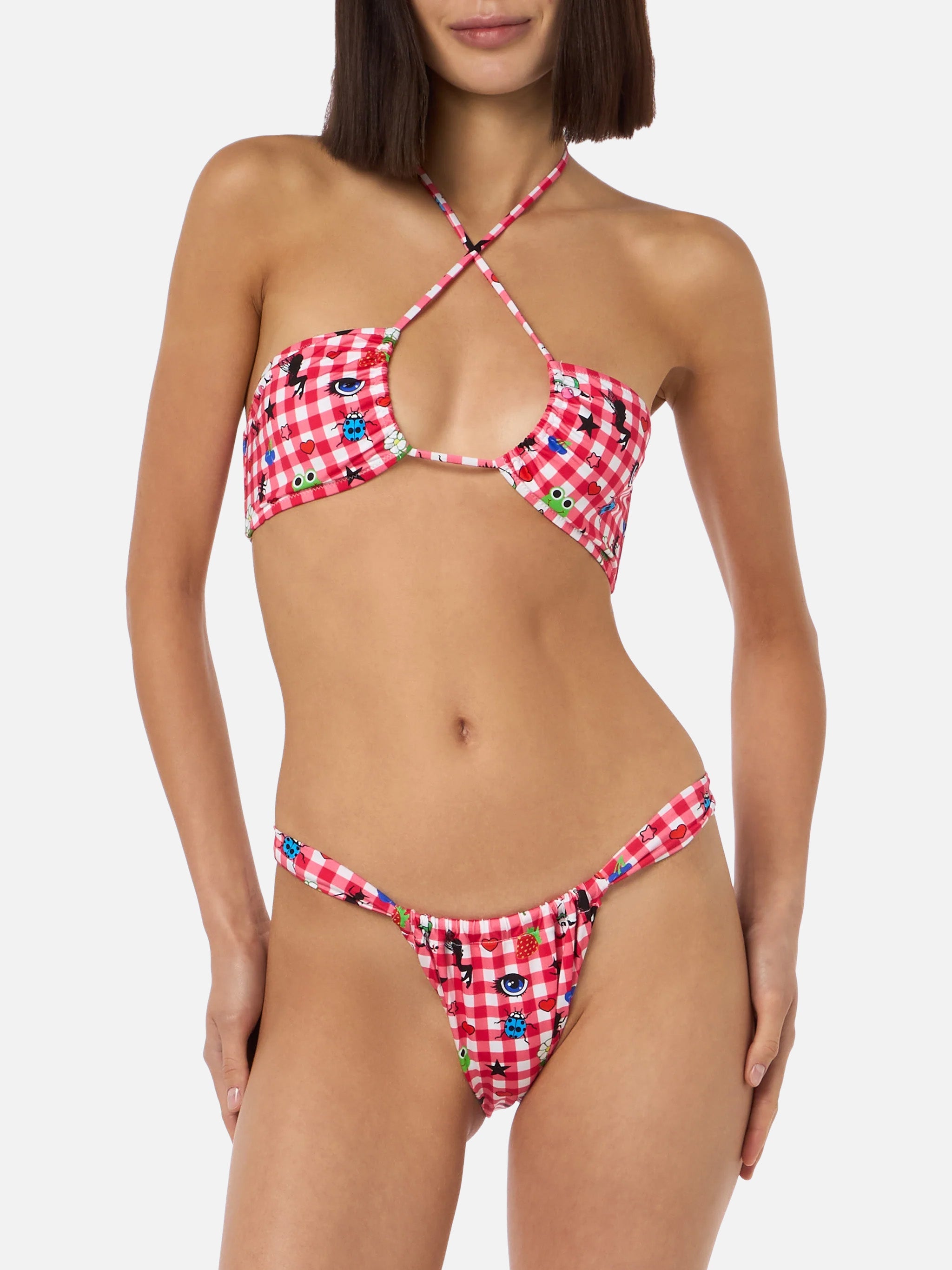 Women Beandeau Bikini Dahelle With Gingham And Fancy Print | Beepy Bella Special Edition Red