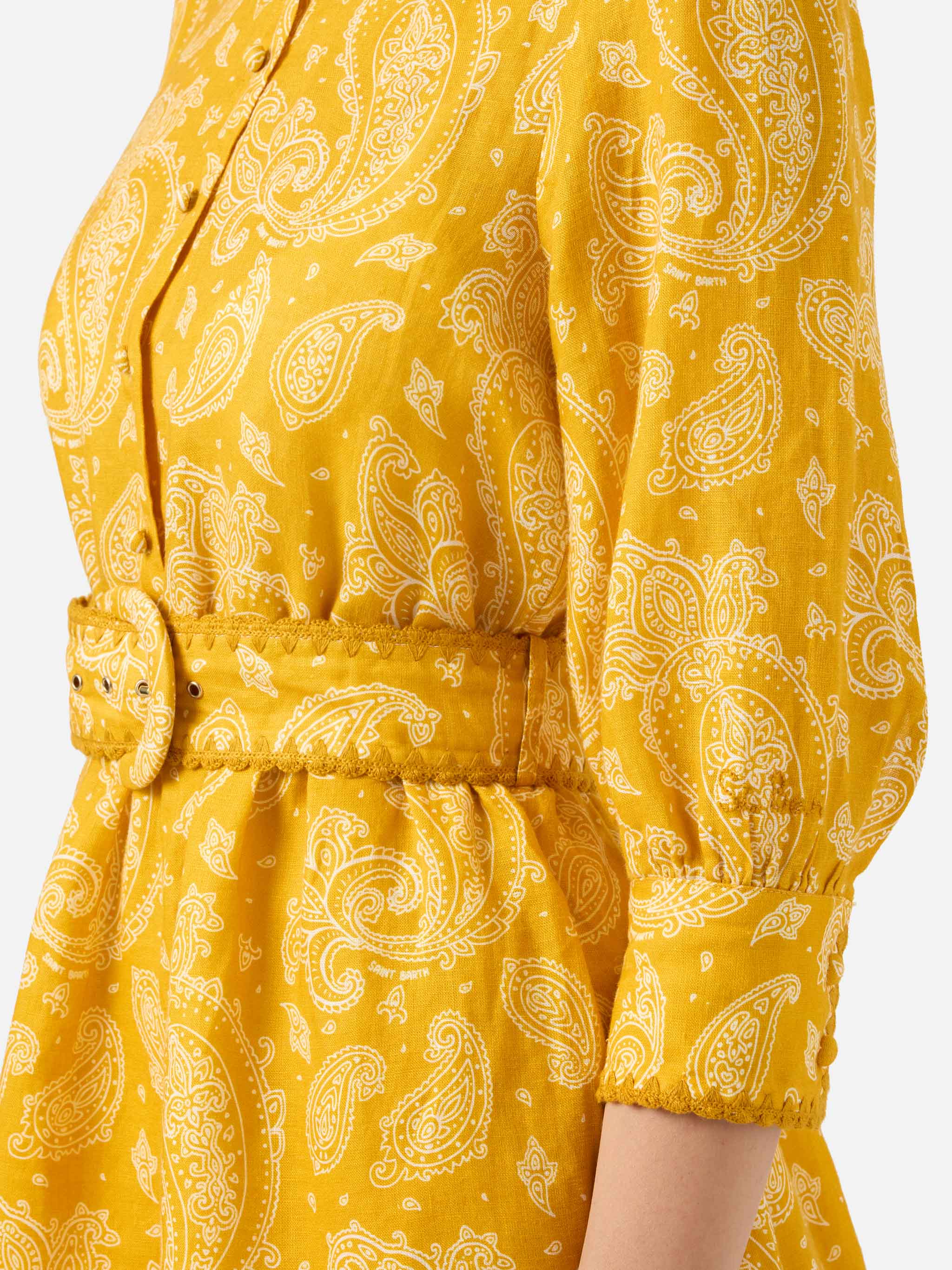 Paisley Print Linen Short Dress Daisi Yellow