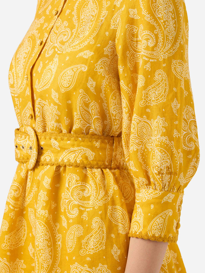 Paisley Print Linen Short Dress Daisi Yellow