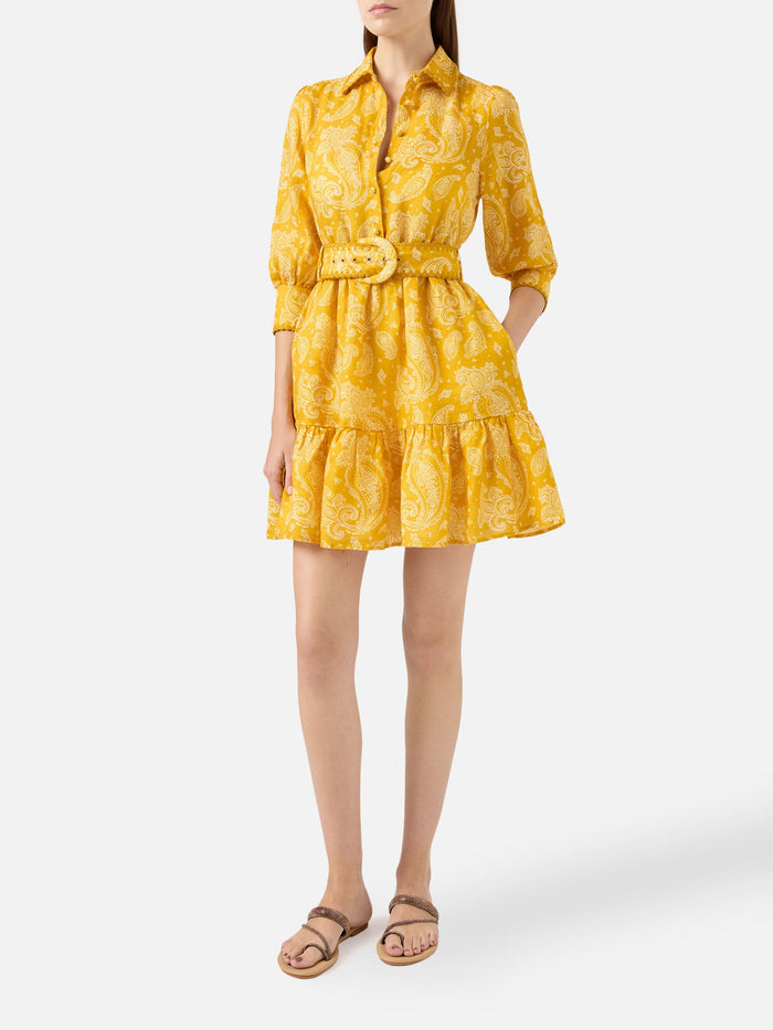 Paisley Print Linen Short Dress Daisi Yellow