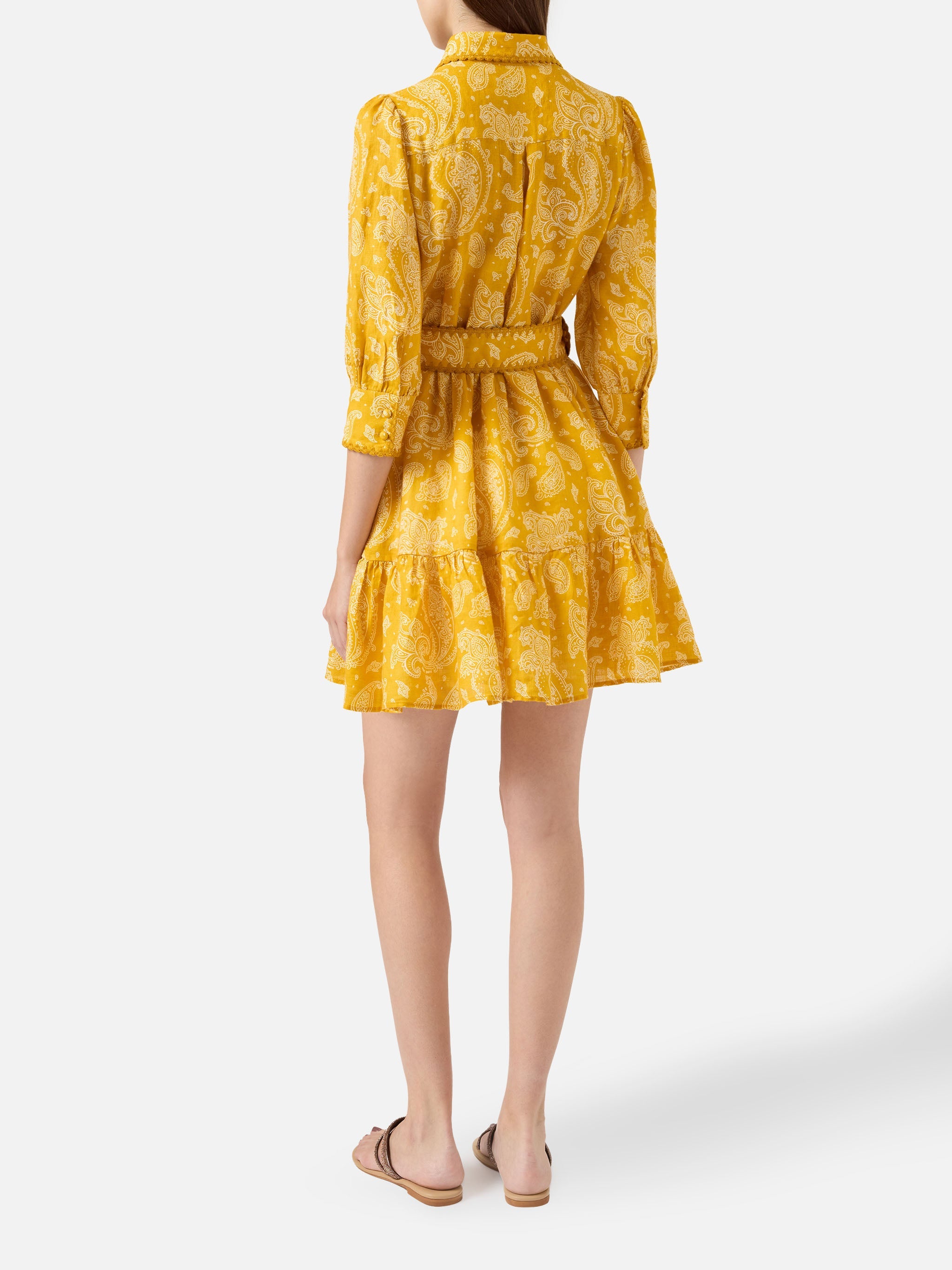 Paisley Print Linen Short Dress Daisi Yellow