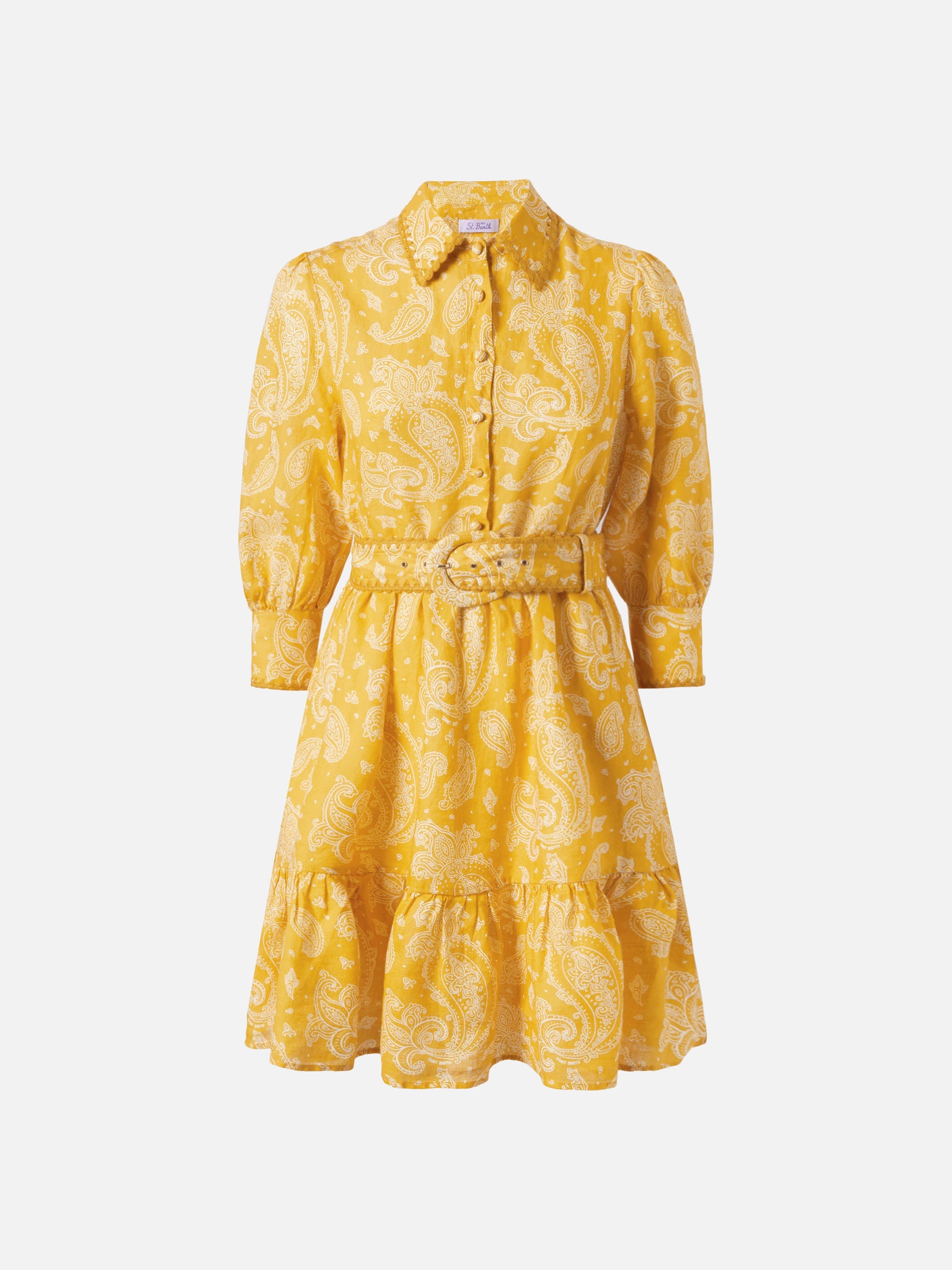 Paisley Print Linen Short Dress Daisi Yellow