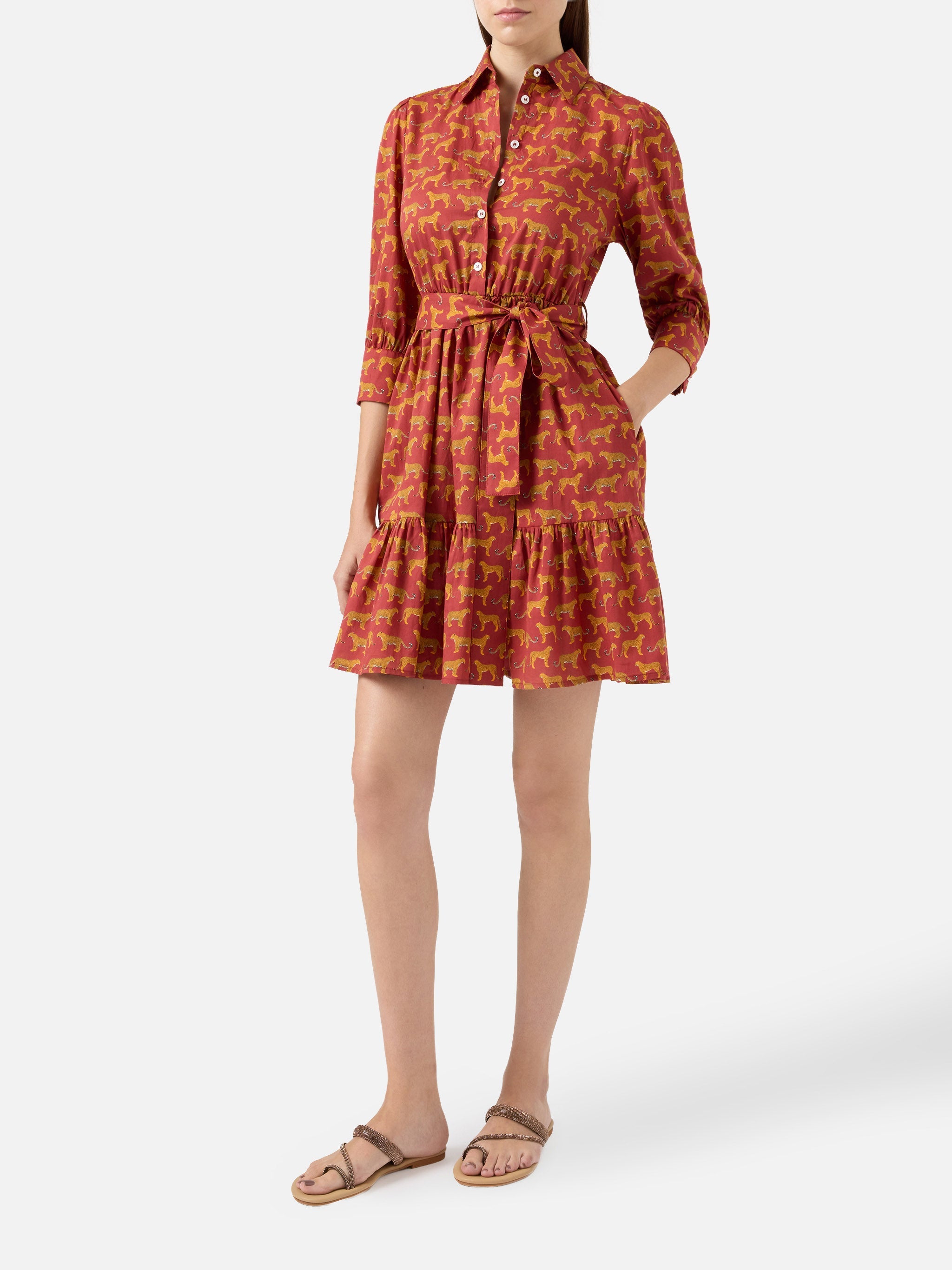 Animalier Print Cotton Short Dress Daisi With Embroideries Red
