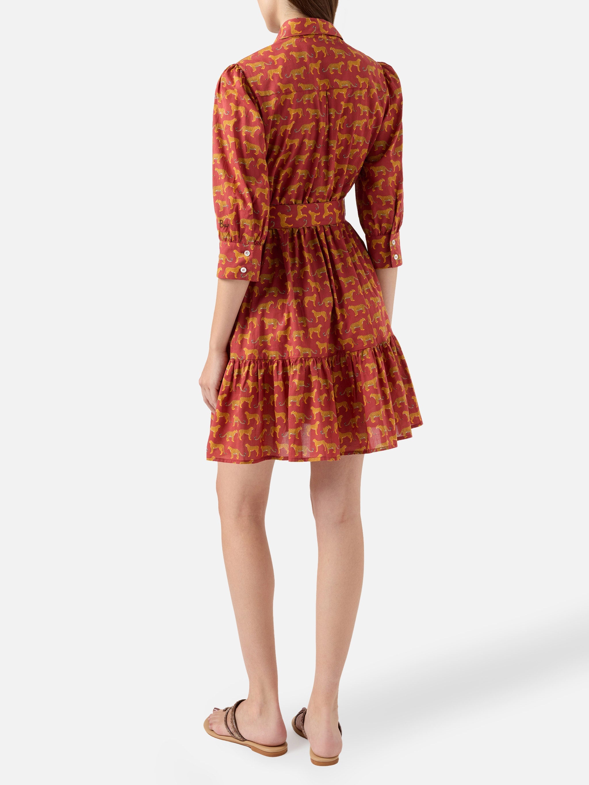 Animalier Print Cotton Short Dress Daisi With Embroideries Red