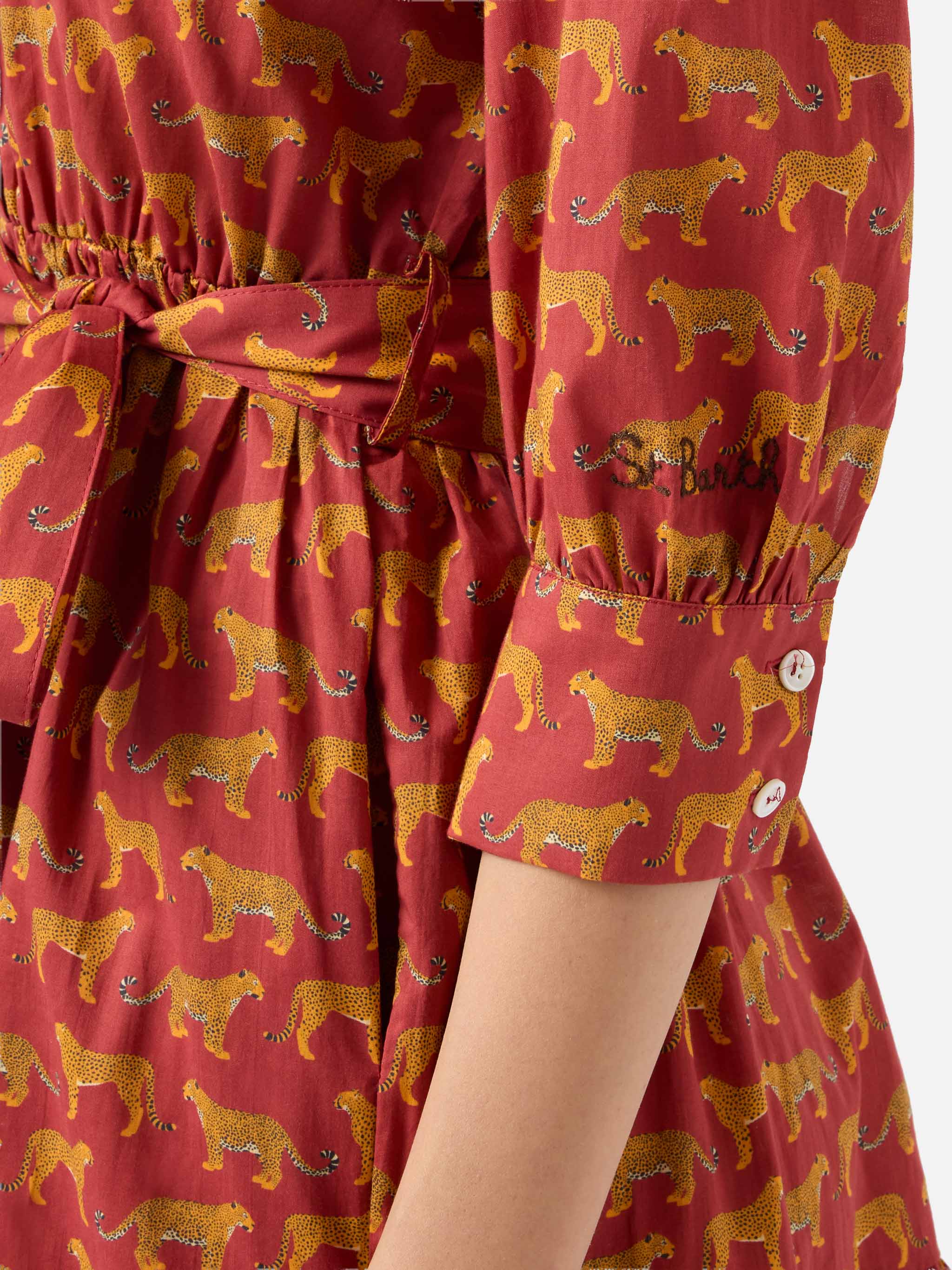 Animalier Print Cotton Short Dress Daisi With Embroideries Red