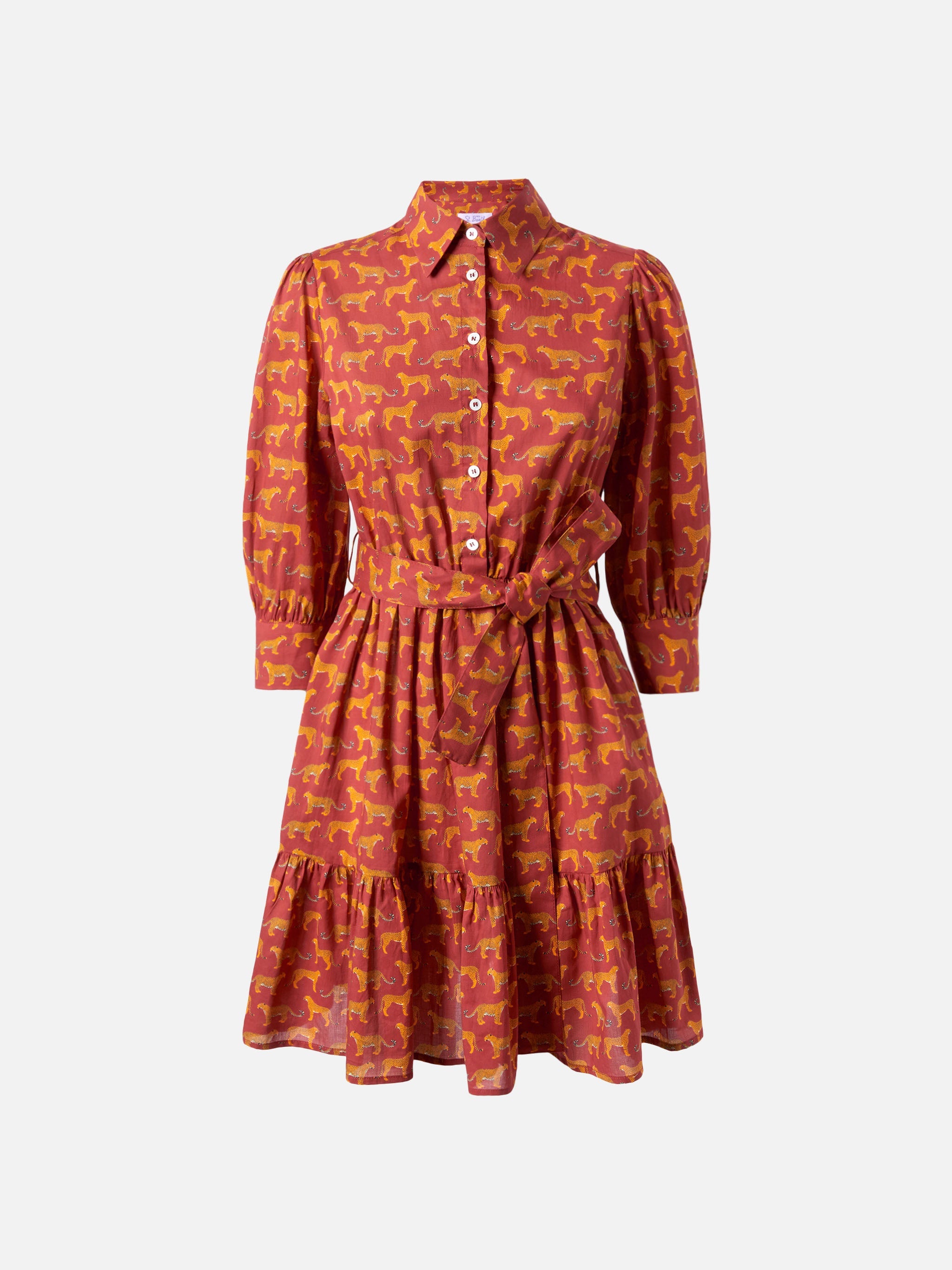 Animalier Print Cotton Short Dress Daisi With Embroideries Red