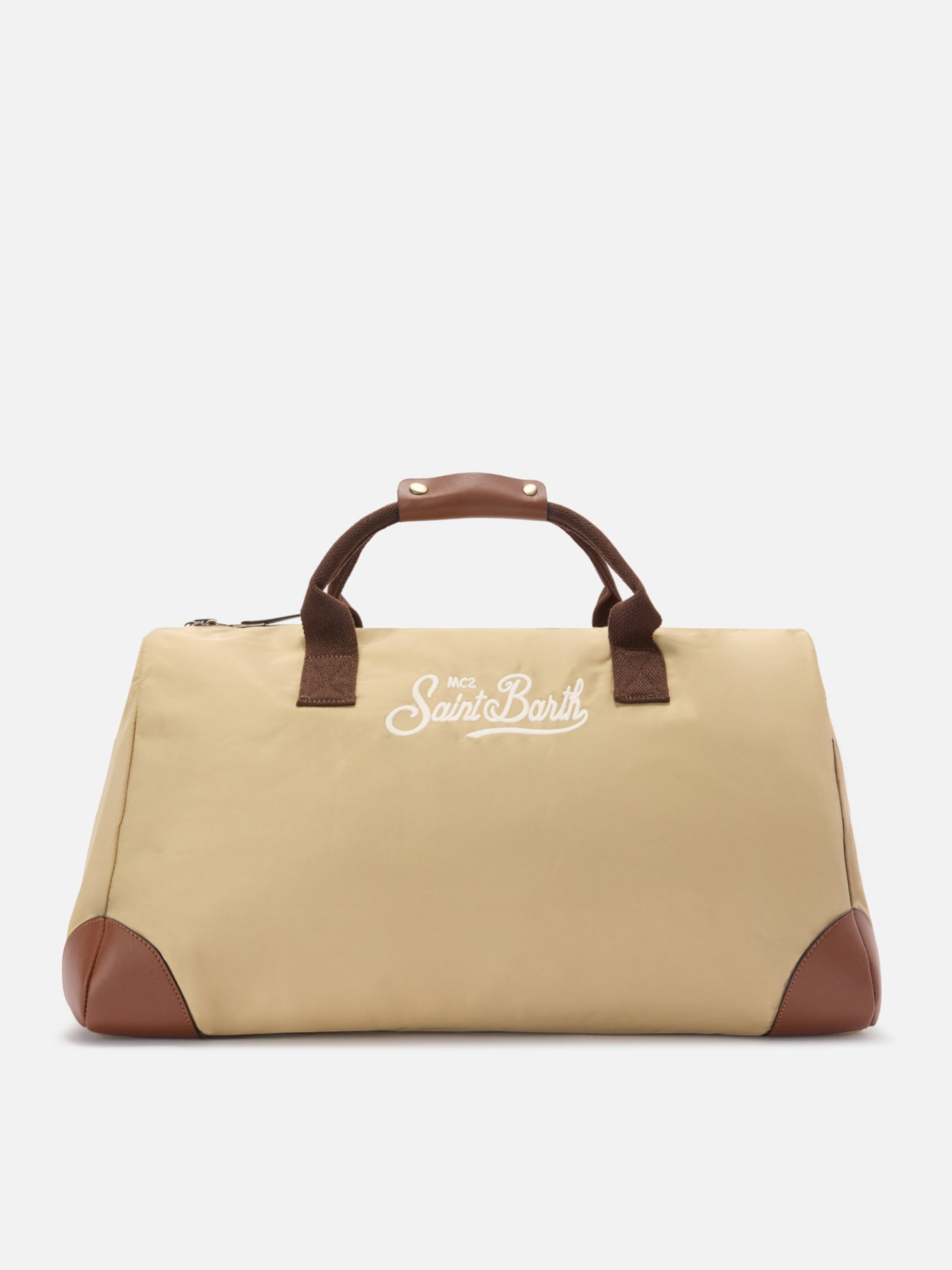 Daily Beige Nylon Weekender With Embroidered Logo Brown Bag